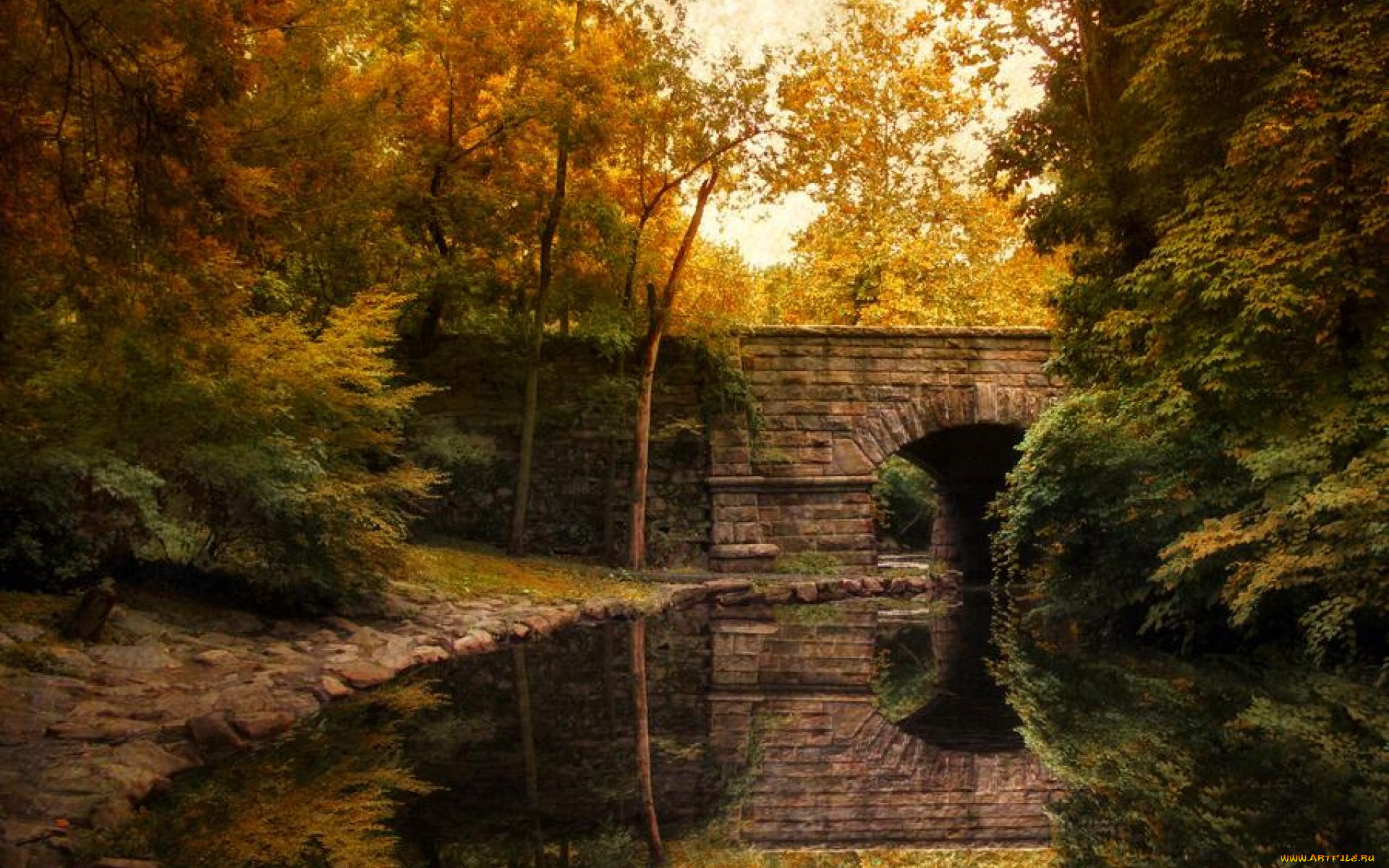 города, -, мосты, мост, речка, деревья, осень