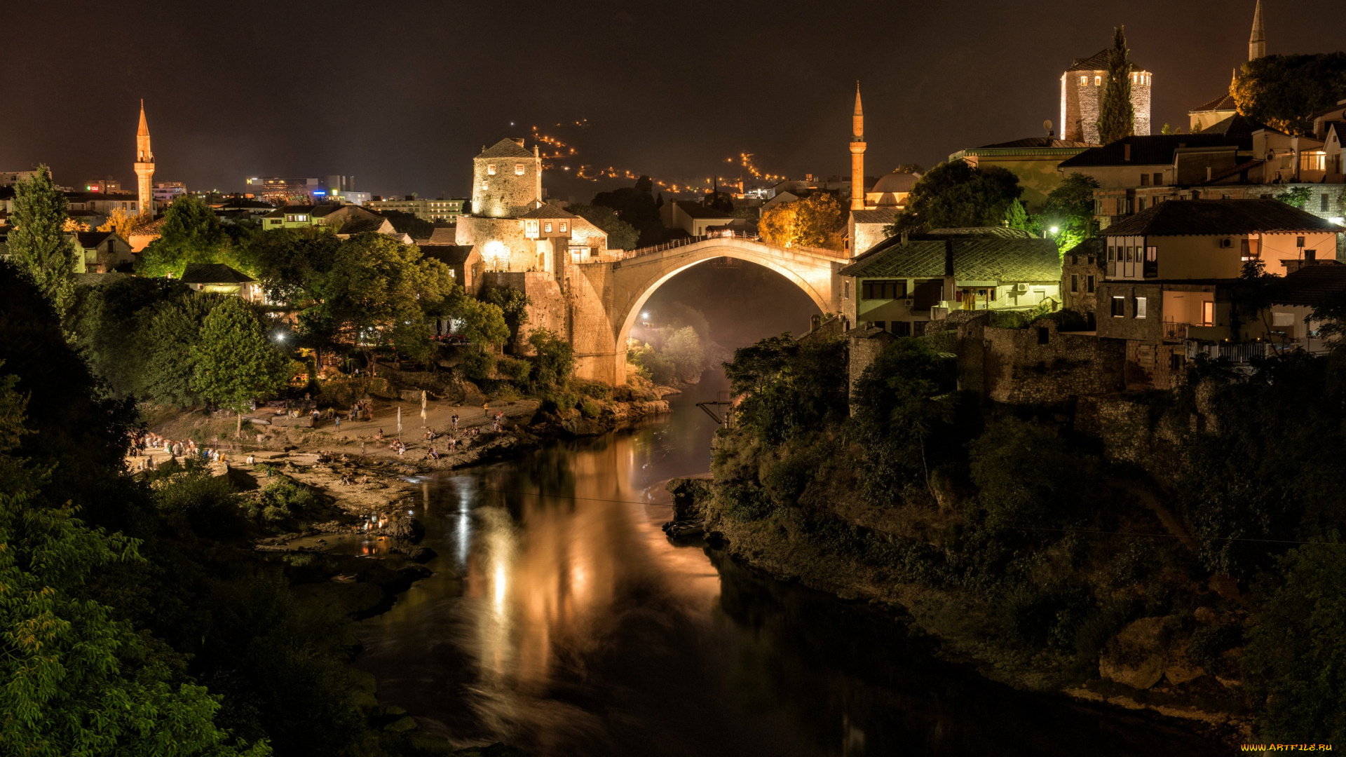 города, мостар, , босния, и, герцеговина, река, мост, ночь, огни