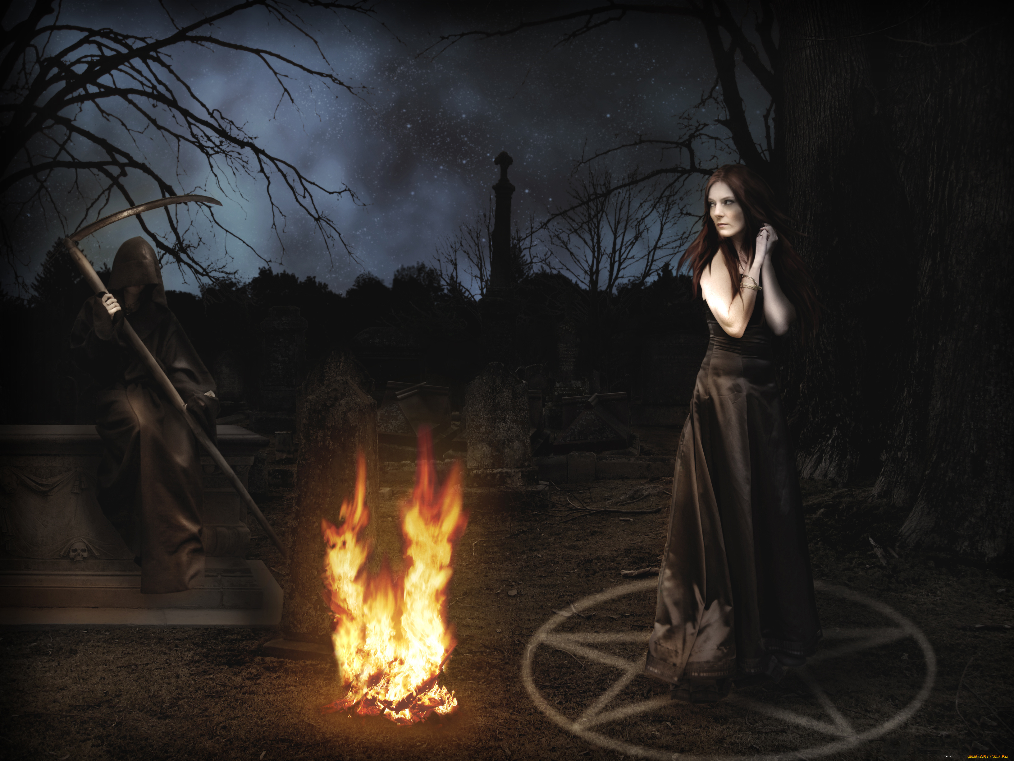 разное, компьютерный, дизайн, девушка, пентограмма, костер, коса, смерть, кладбище
