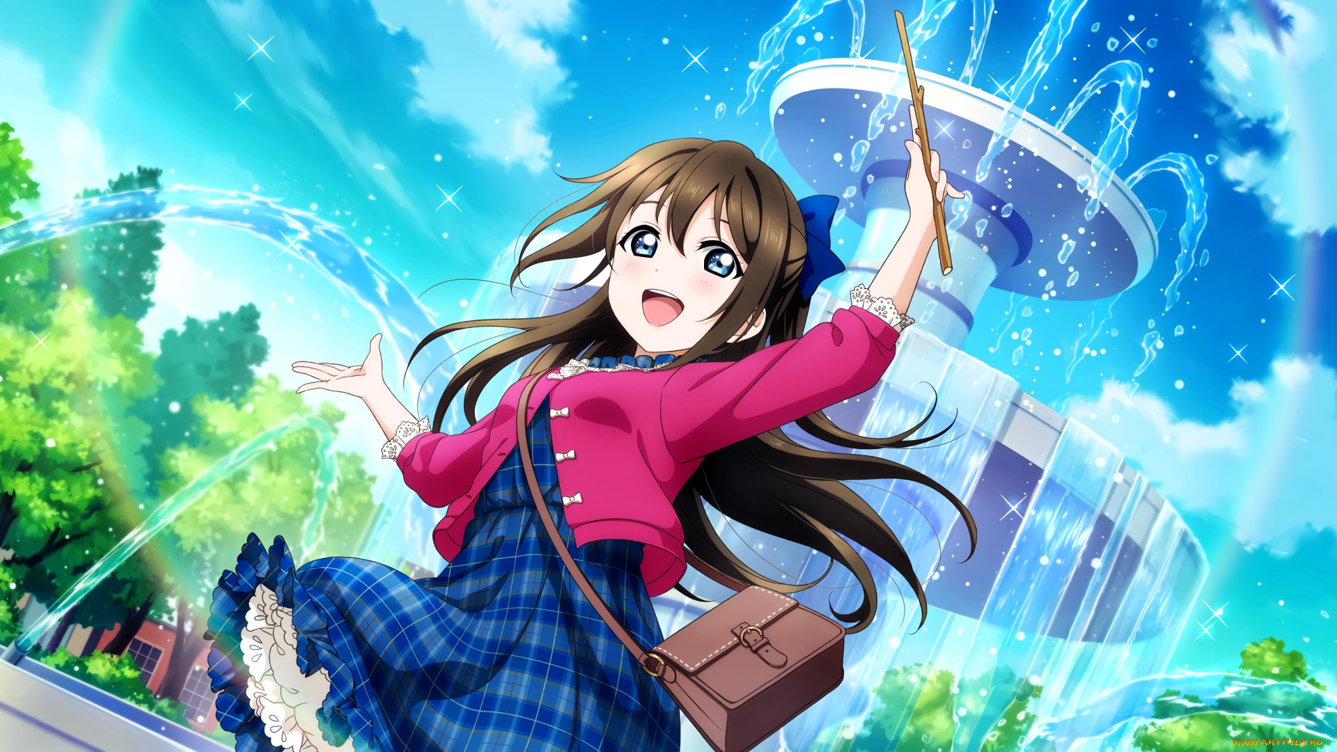 аниме, love, live, , school, idol, project, девочка, сумочка, палка, фонтан