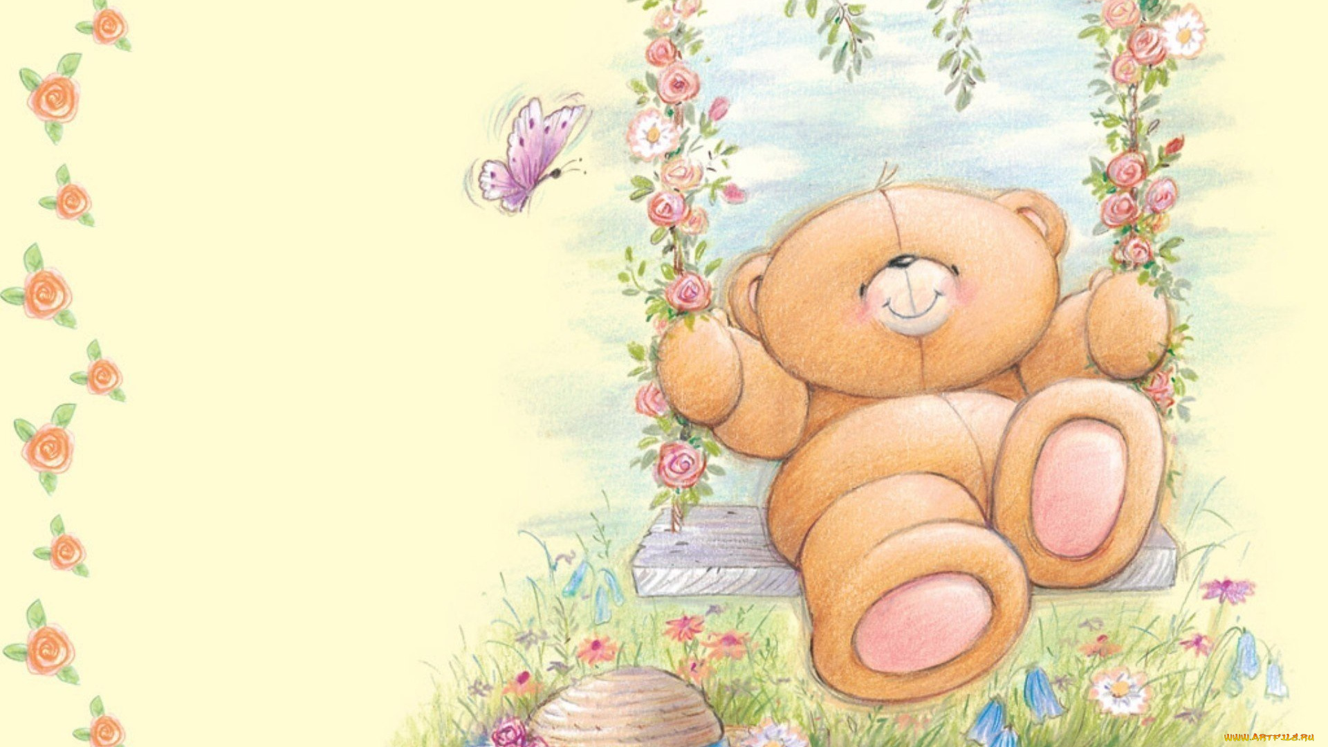 рисованное, мишки, тэдди, мишка, качели, цветы, бабочка, шляпа