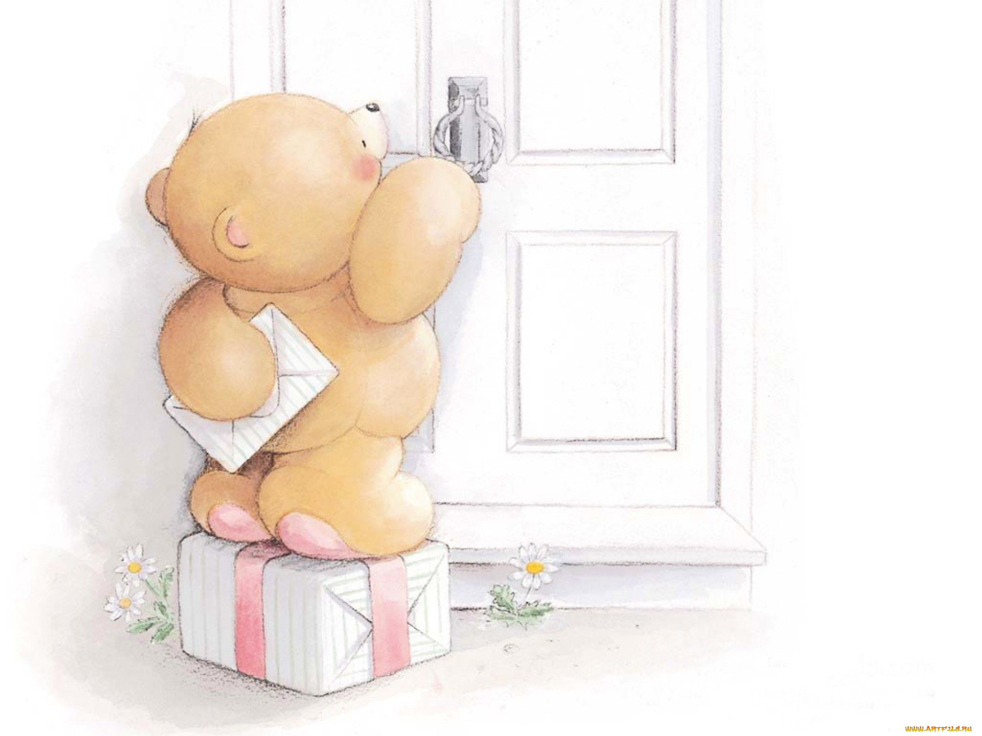 рисованное, мишки, тэдди, мишка, дверь, конверт, подарок