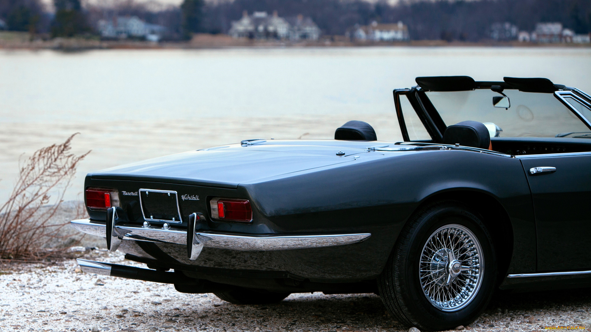 автомобили, фрагменты, автомобиля, мазерати, черный, кабриолет, берег, снег, озеро