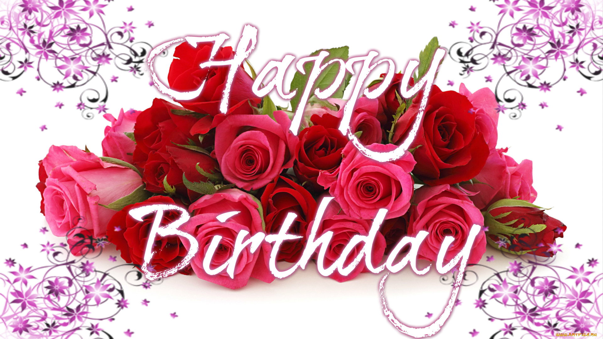 праздничные, день, рождения, букет, розы, надпись