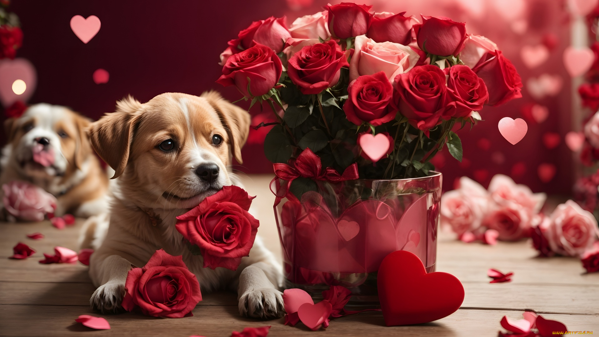праздничные, день, святого, валентина, , сердечки, , любовь, розы, сердечки, щенок