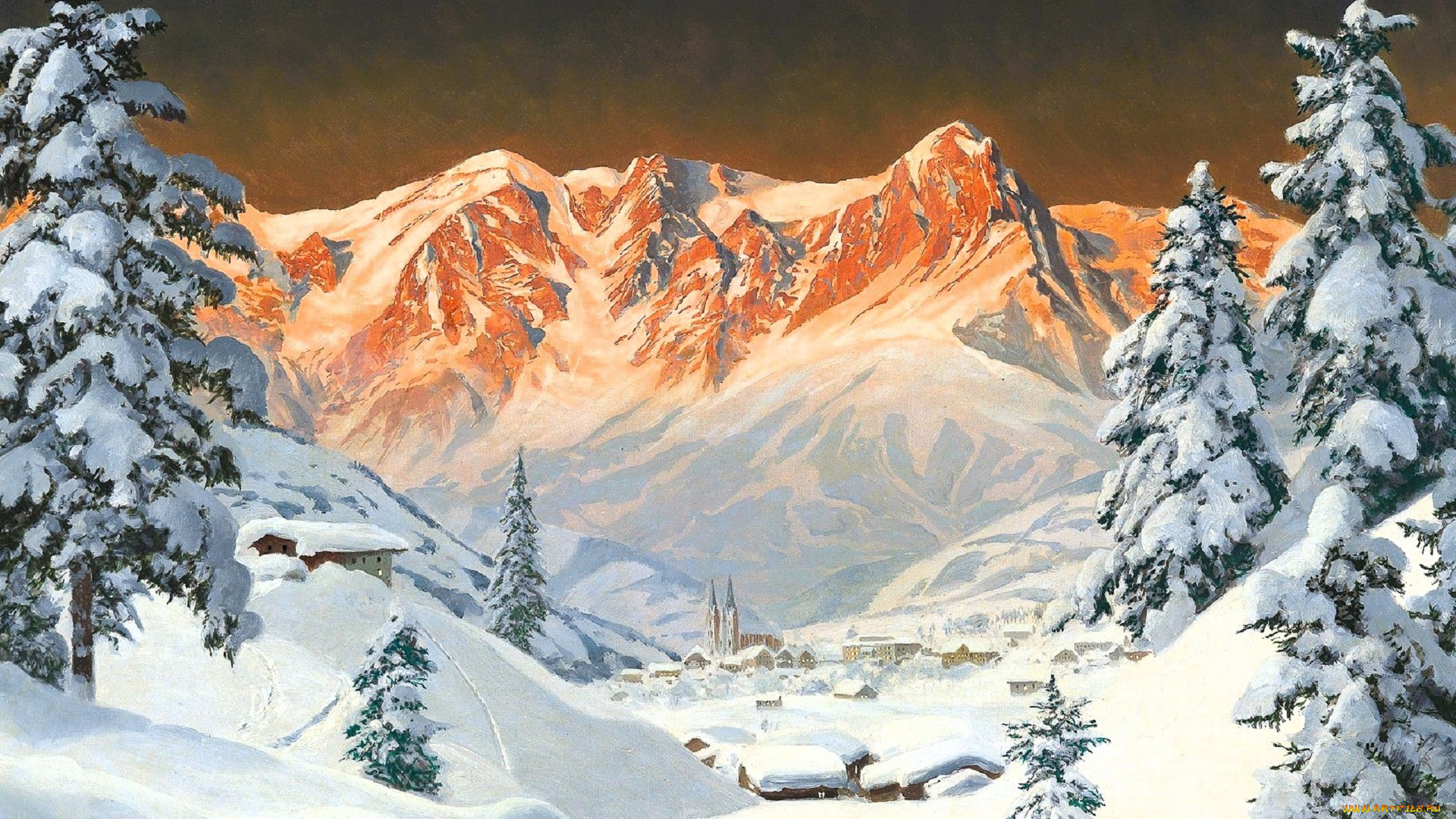 рисованное, alois, arnegger, горы, лес, снег, зима, город, долина