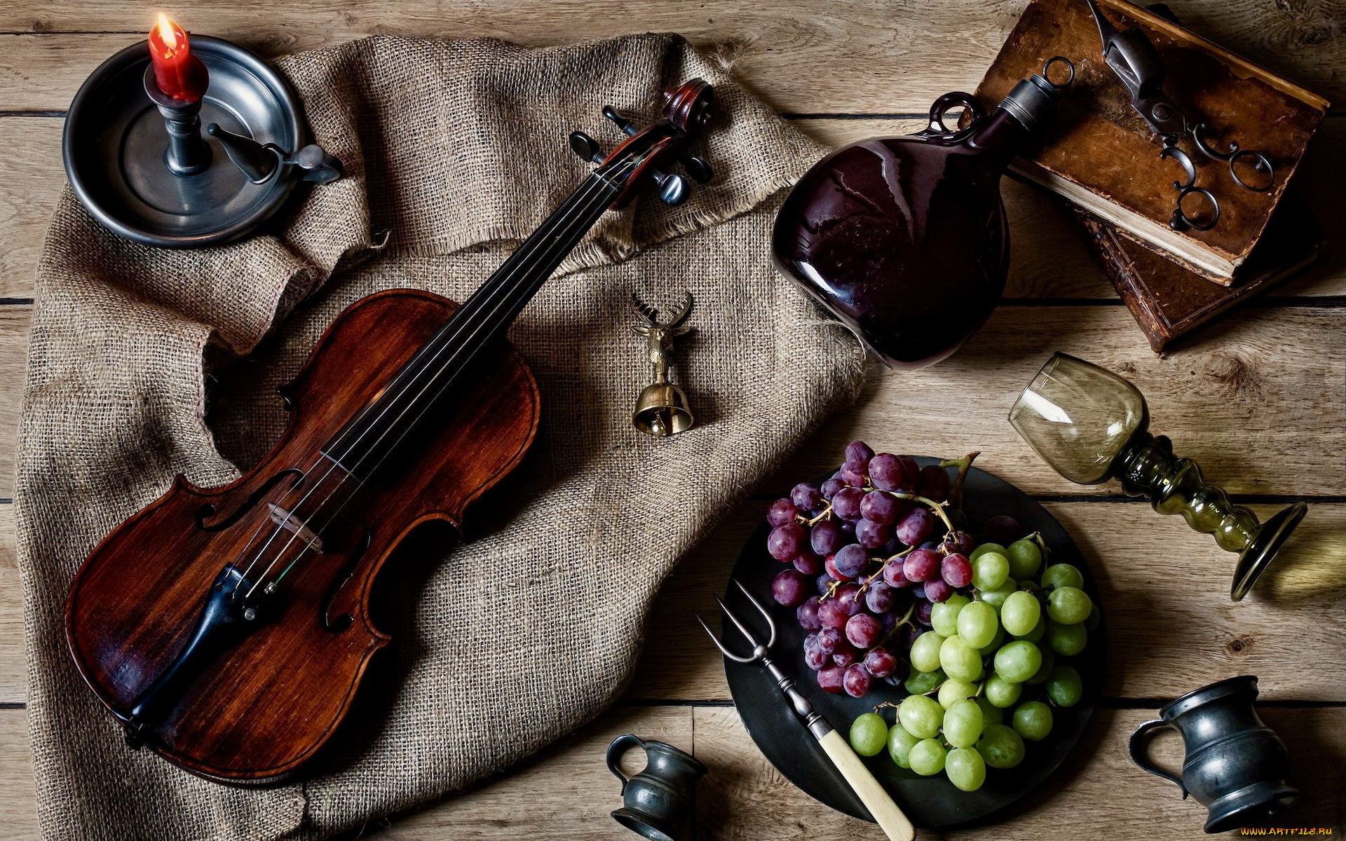 музыка, -музыкальные, инструменты, скрипка, виноград, свеча