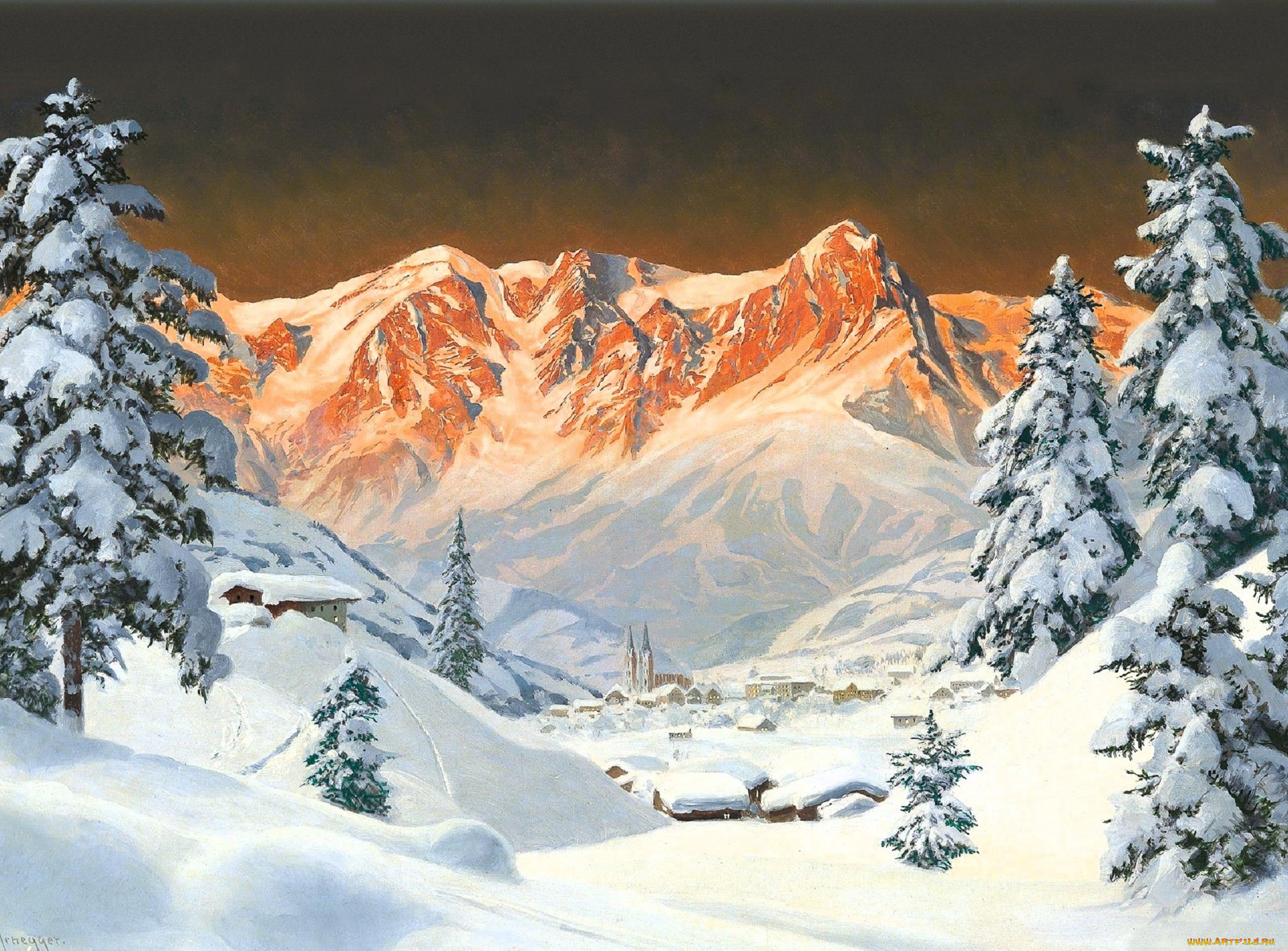 рисованное, alois, arnegger, горы, лес, снег, зима, город, долина