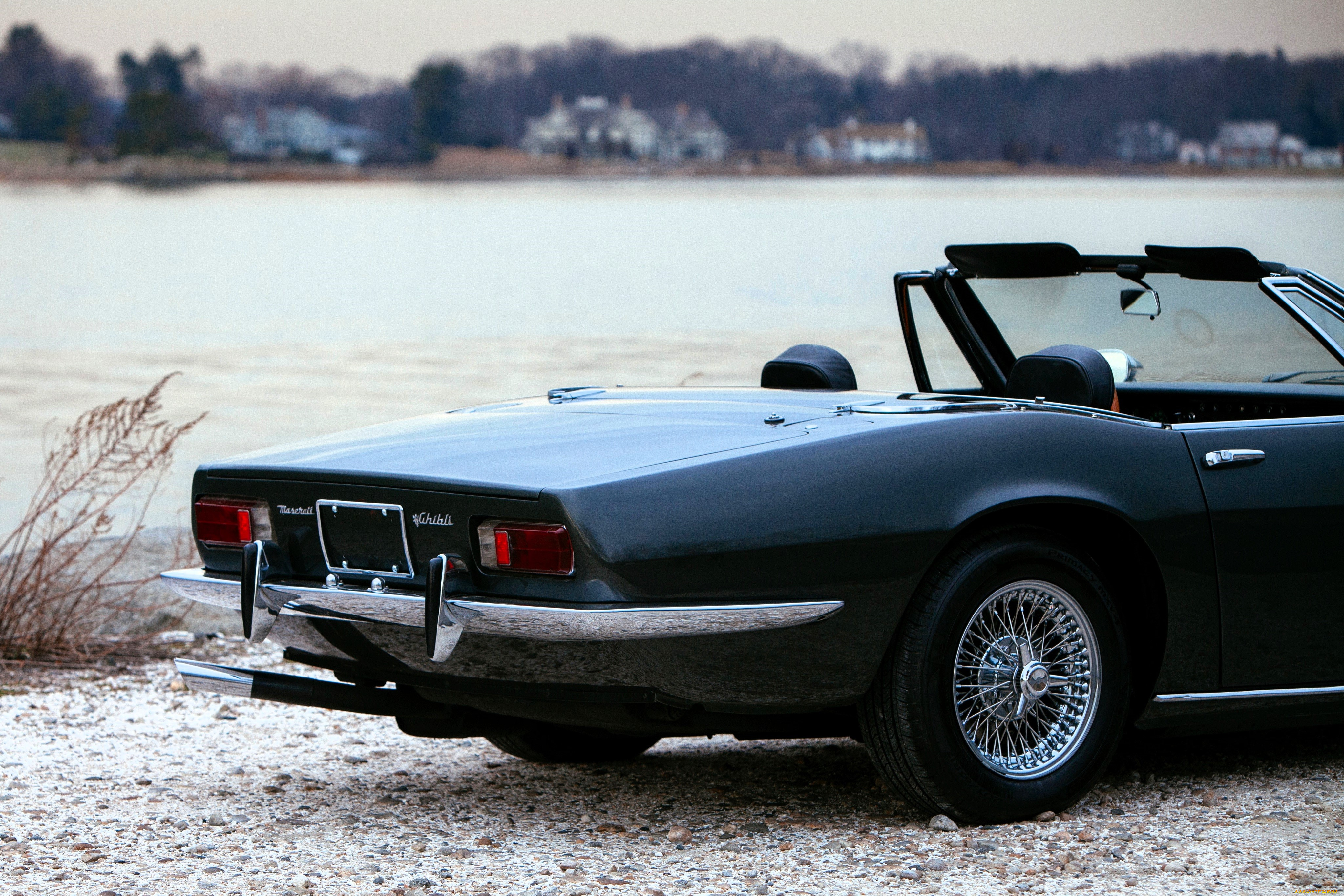 автомобили, фрагменты, автомобиля, мазерати, черный, кабриолет, берег, снег, озеро