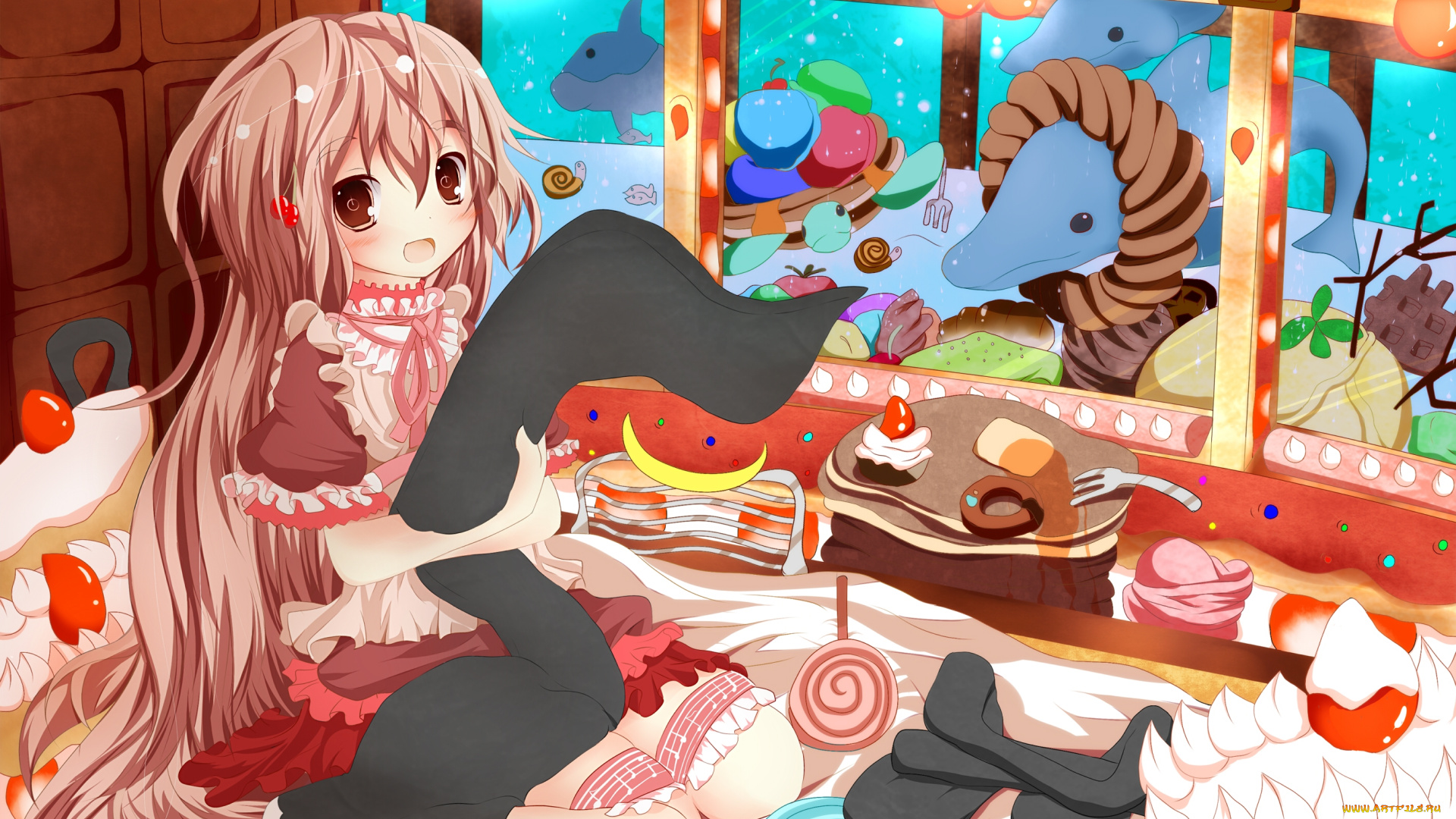 аниме, *unknown, другое, платье, девушка, торт, сладости