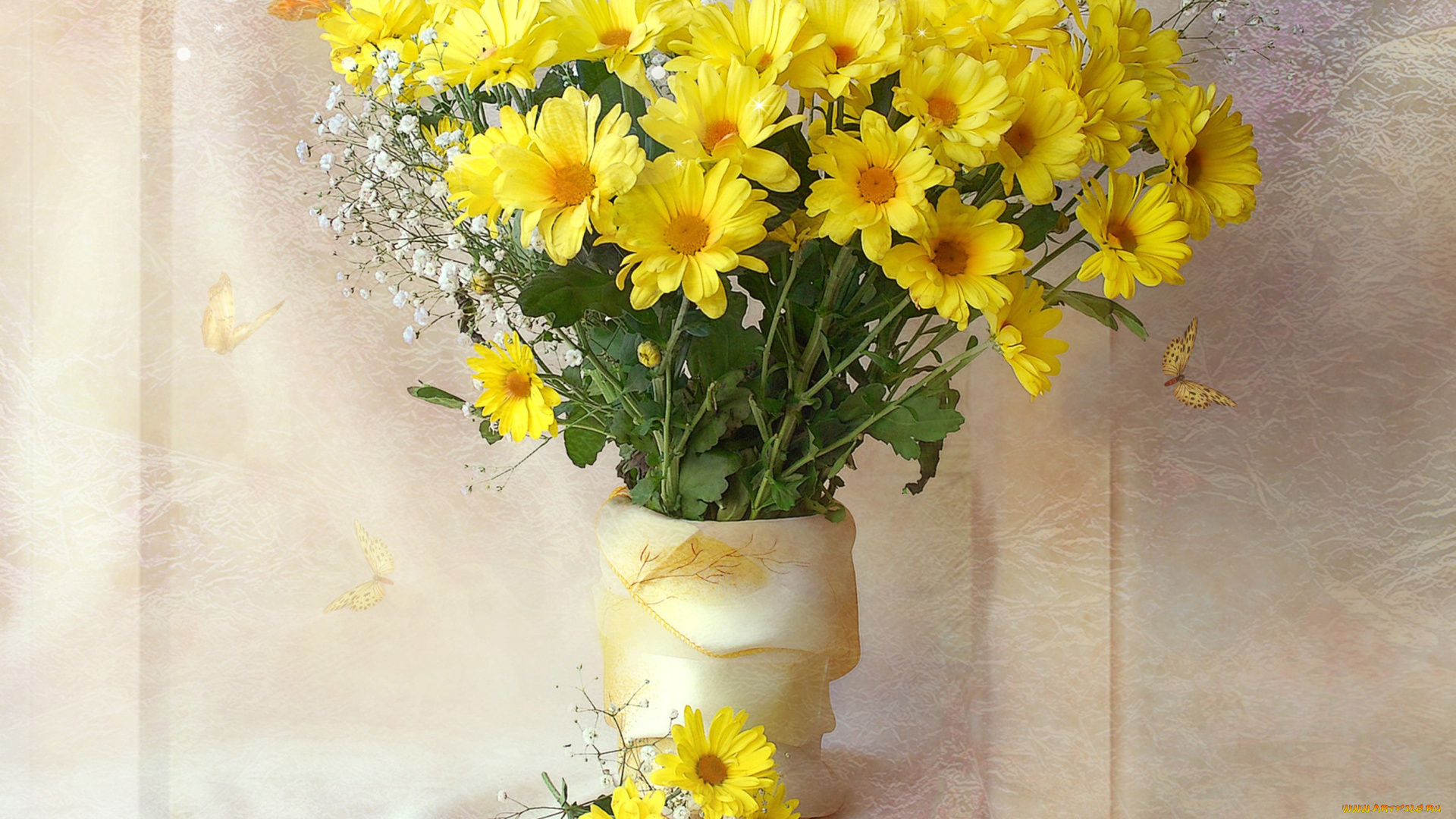 цветы, хризантемы, гипсофила, маргаритки, желтый, ваза