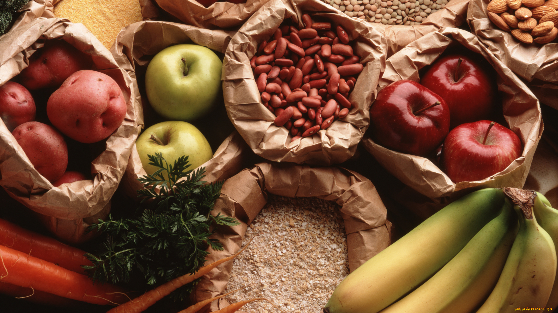 еда, разное, овощи, фрукты, орехи, зелень, морковь, яблоки, укроп, бананы, картофель