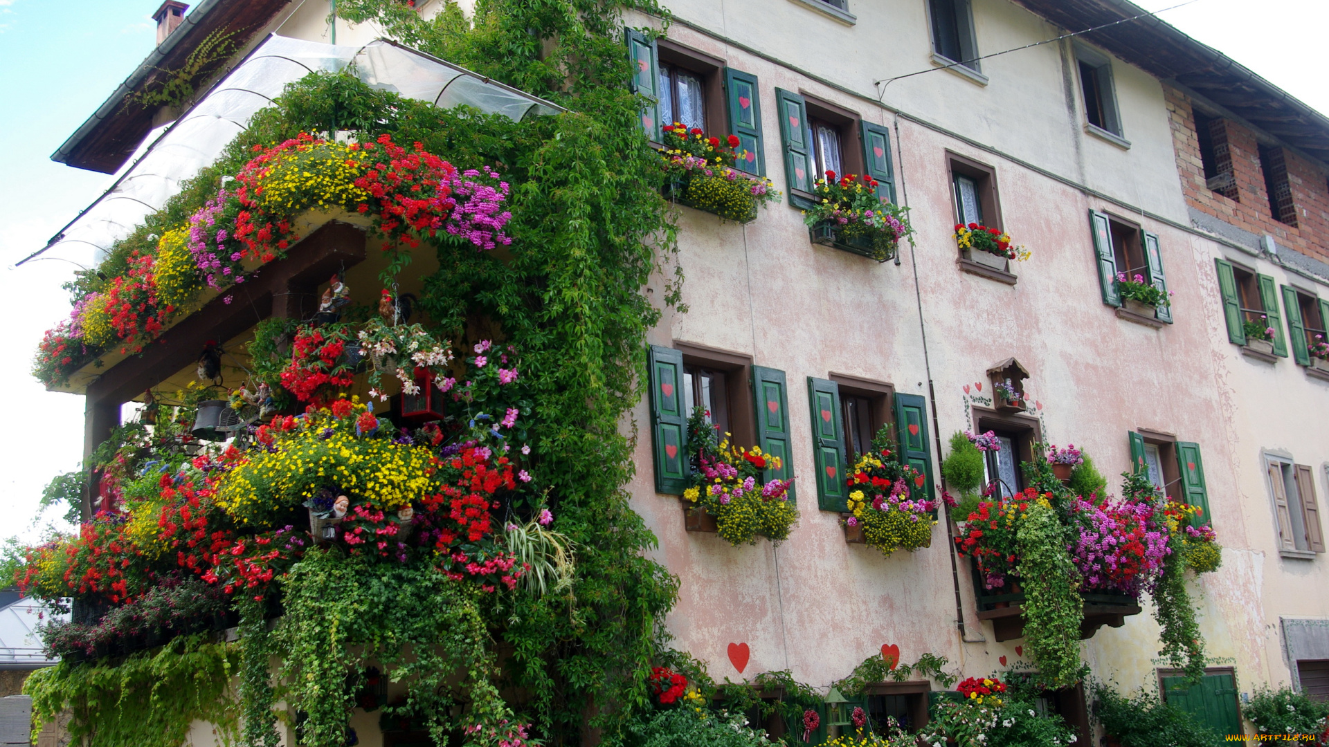 города, здания, дома, цветы, вазоны, дом