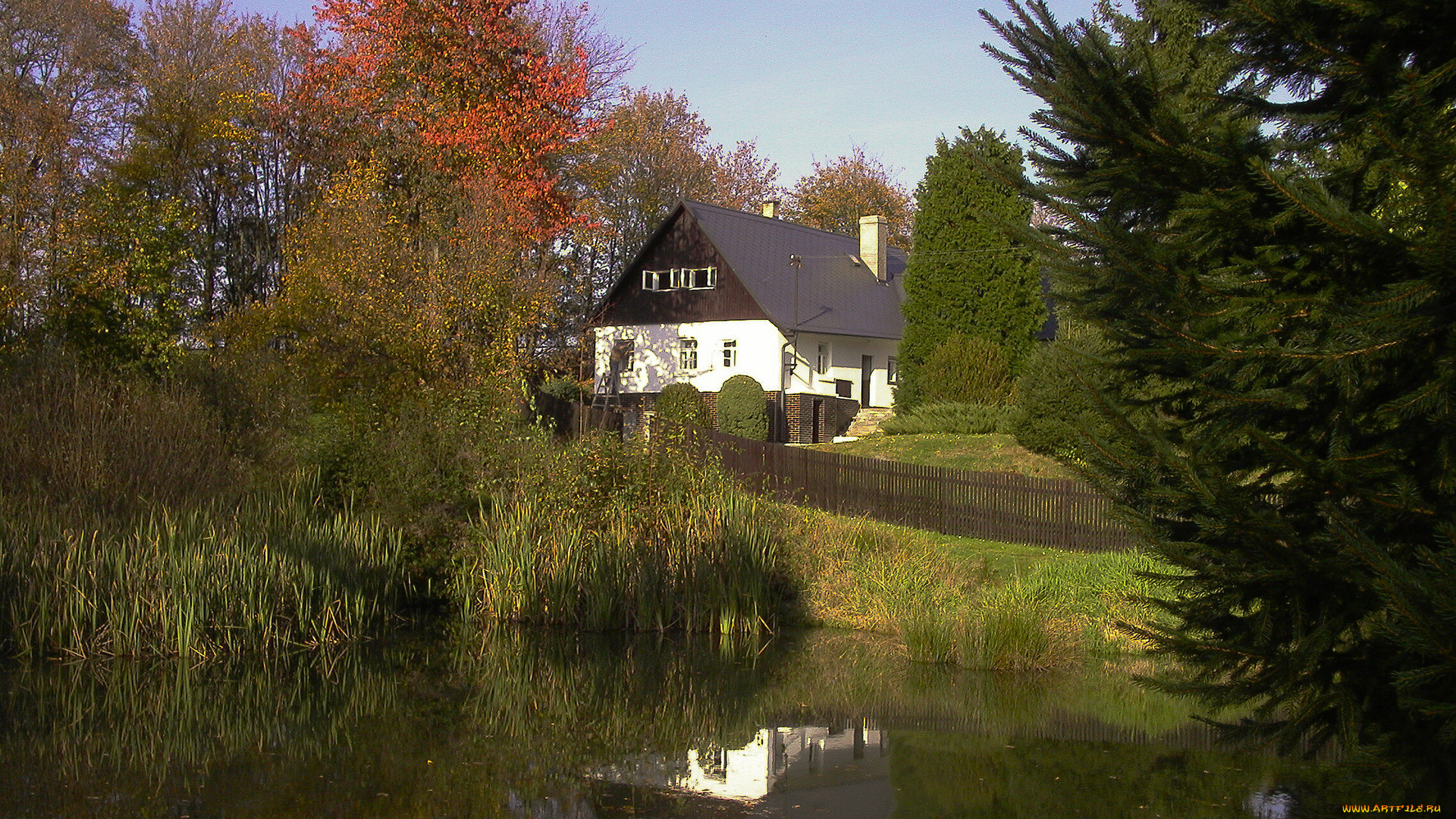 разное, сооружения, постройки, водоем, дом, деревья