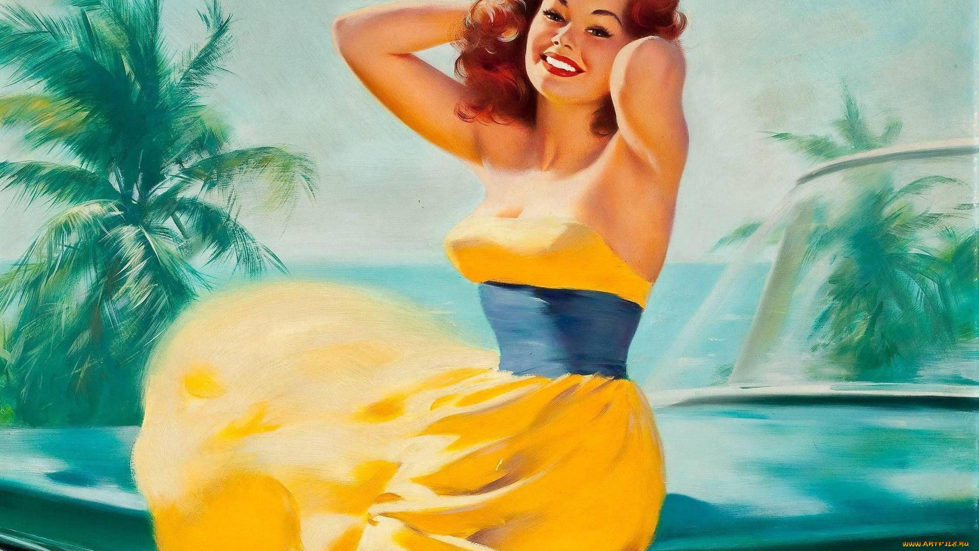 рисованные, люди, пальмы, девушка