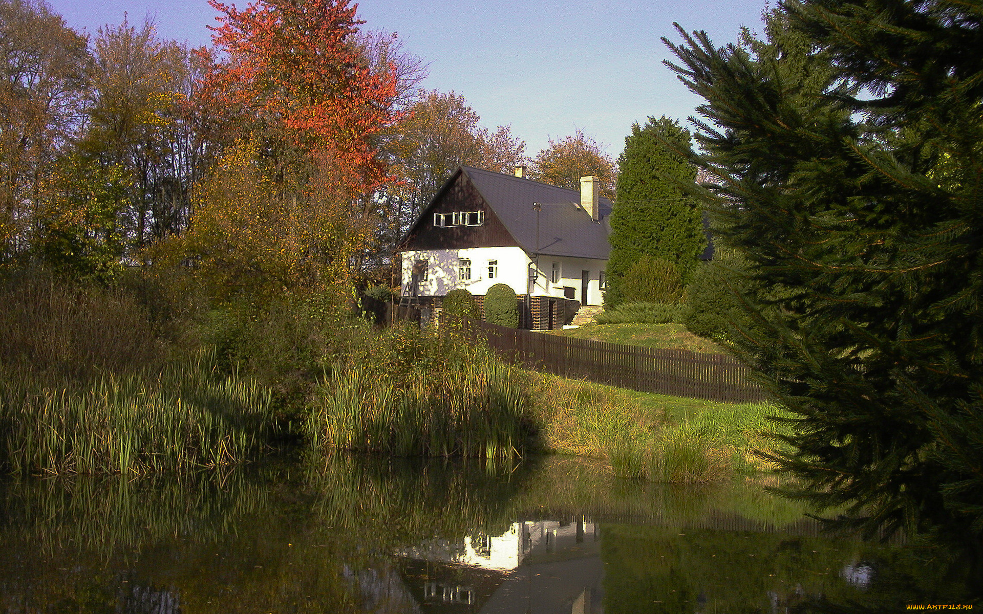 разное, сооружения, постройки, водоем, дом, деревья