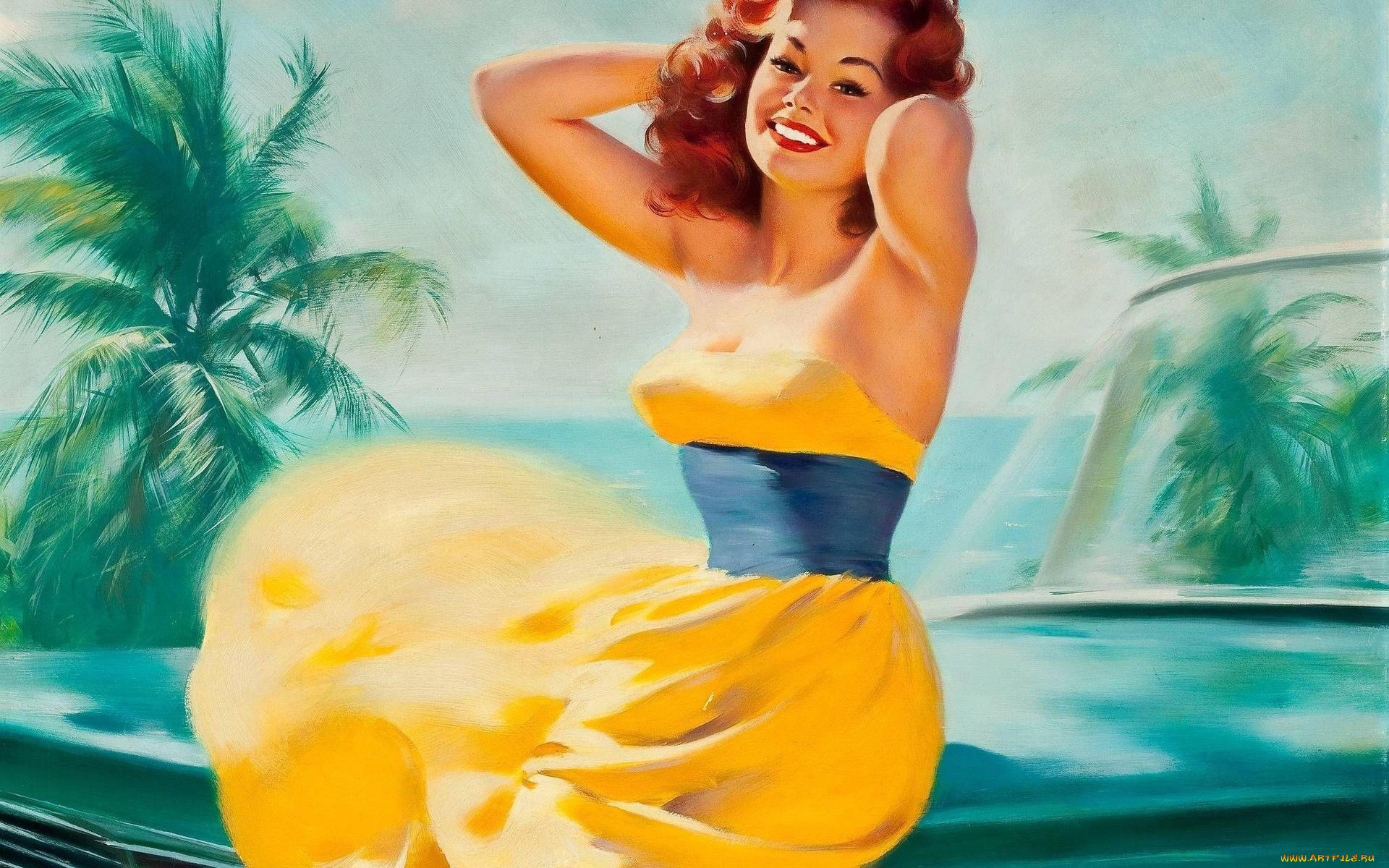 рисованные, люди, пальмы, девушка