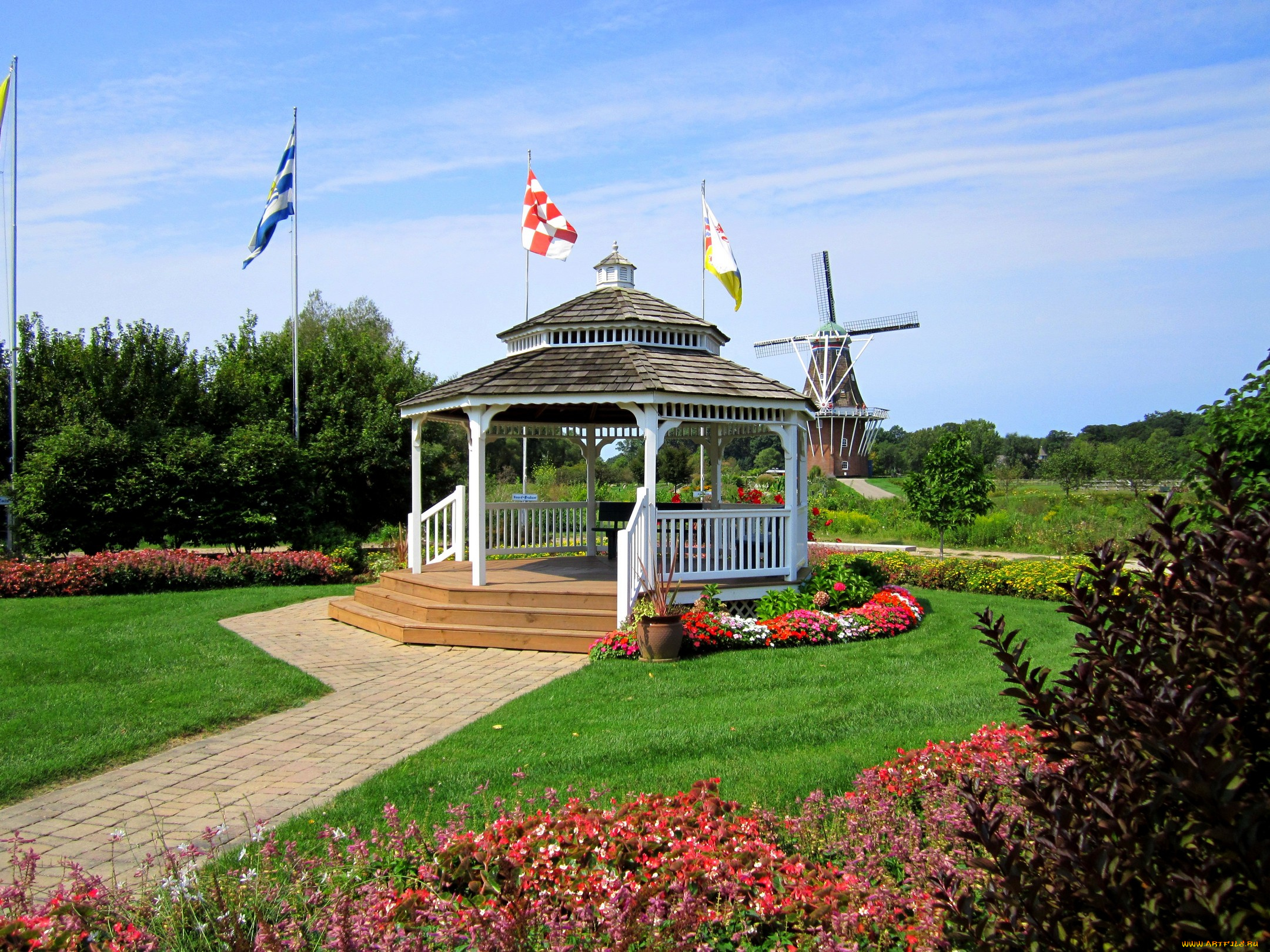 garden, gazebo, windmill, island, природа, парк, мичиган