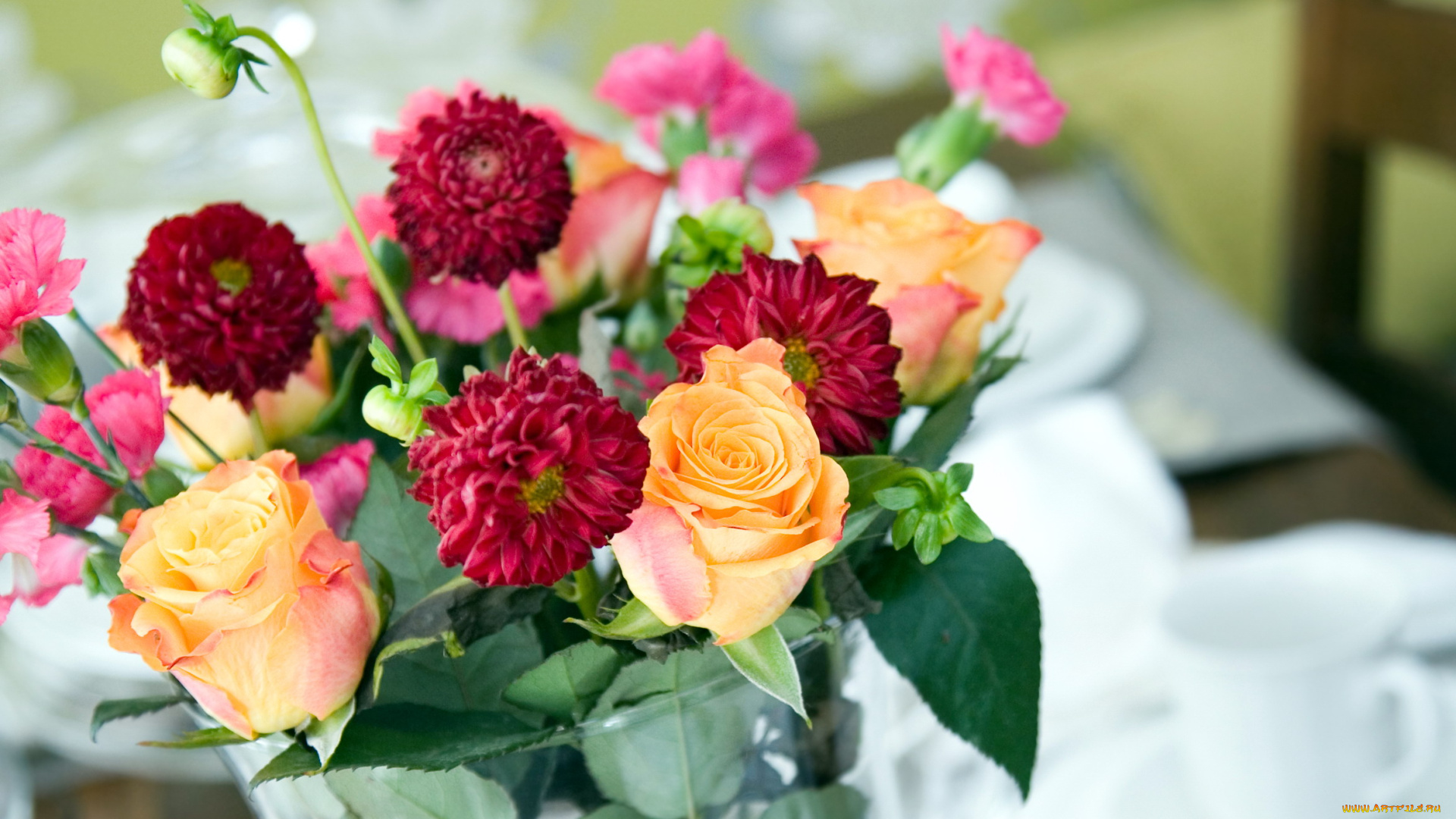 цветы, разные, вместе, букет, розы, георгины