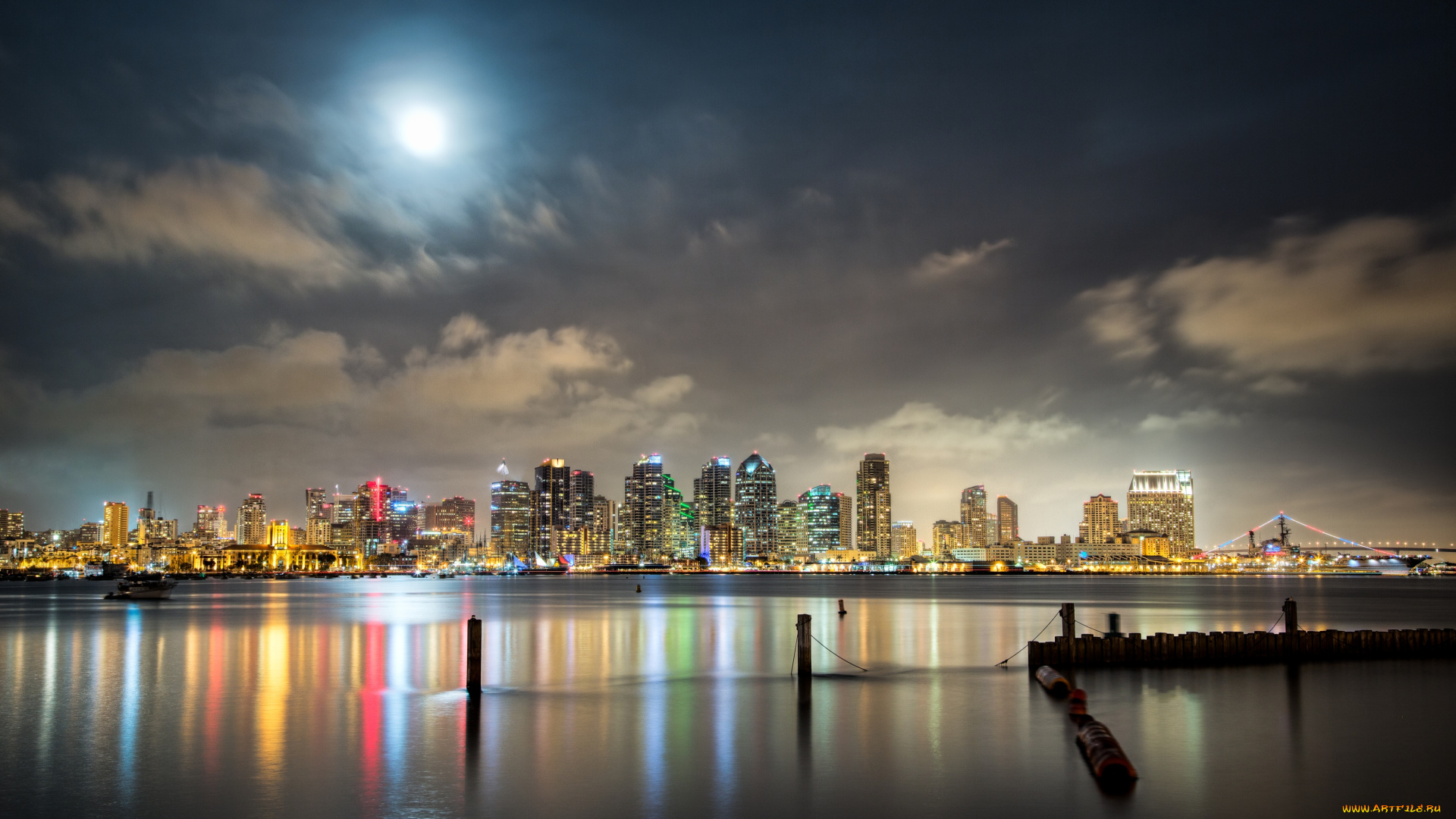 сан, диего, сша, города, здания, вода, луна