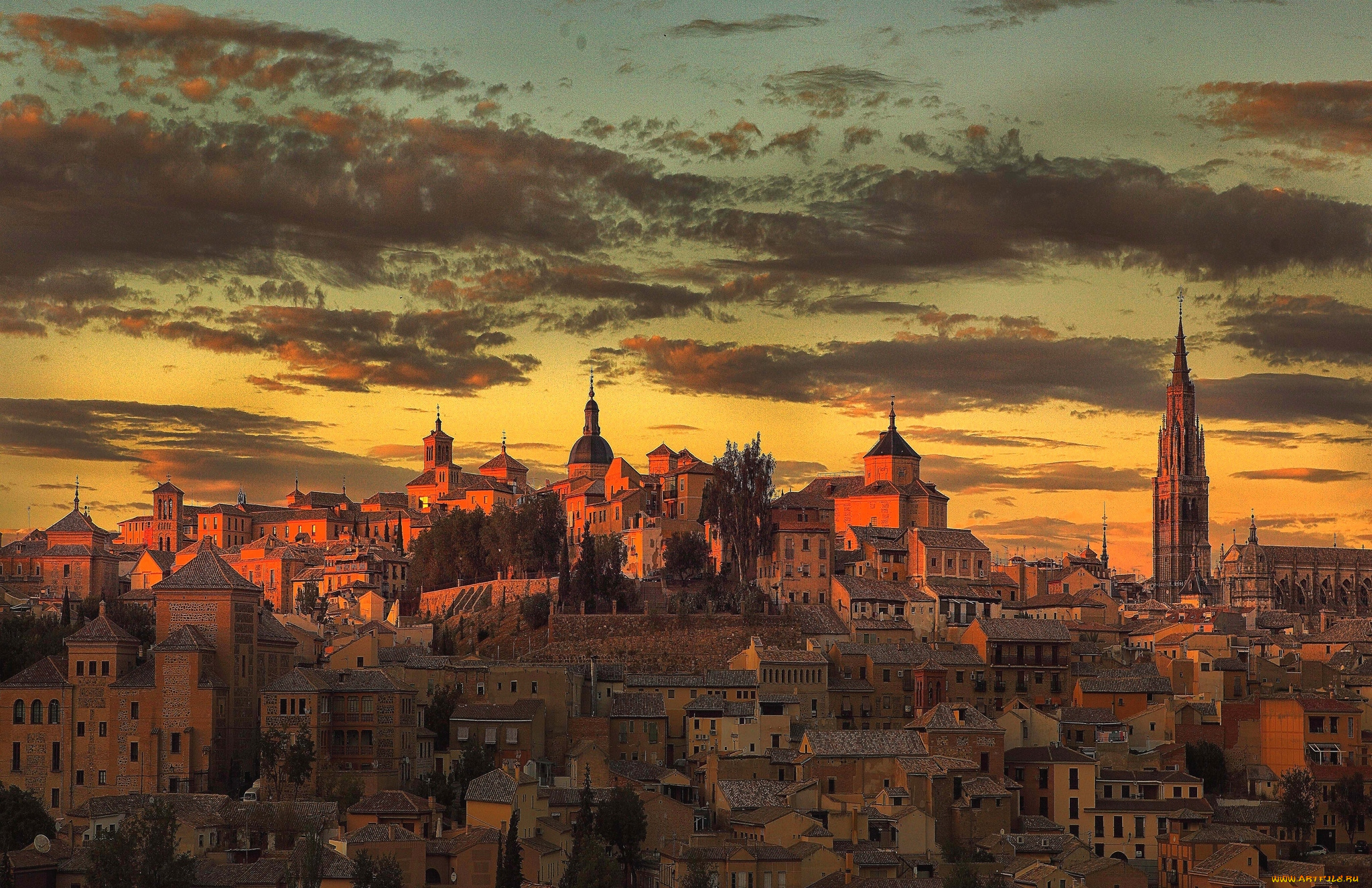 толедо, испания, города, панорама, вечер, дома