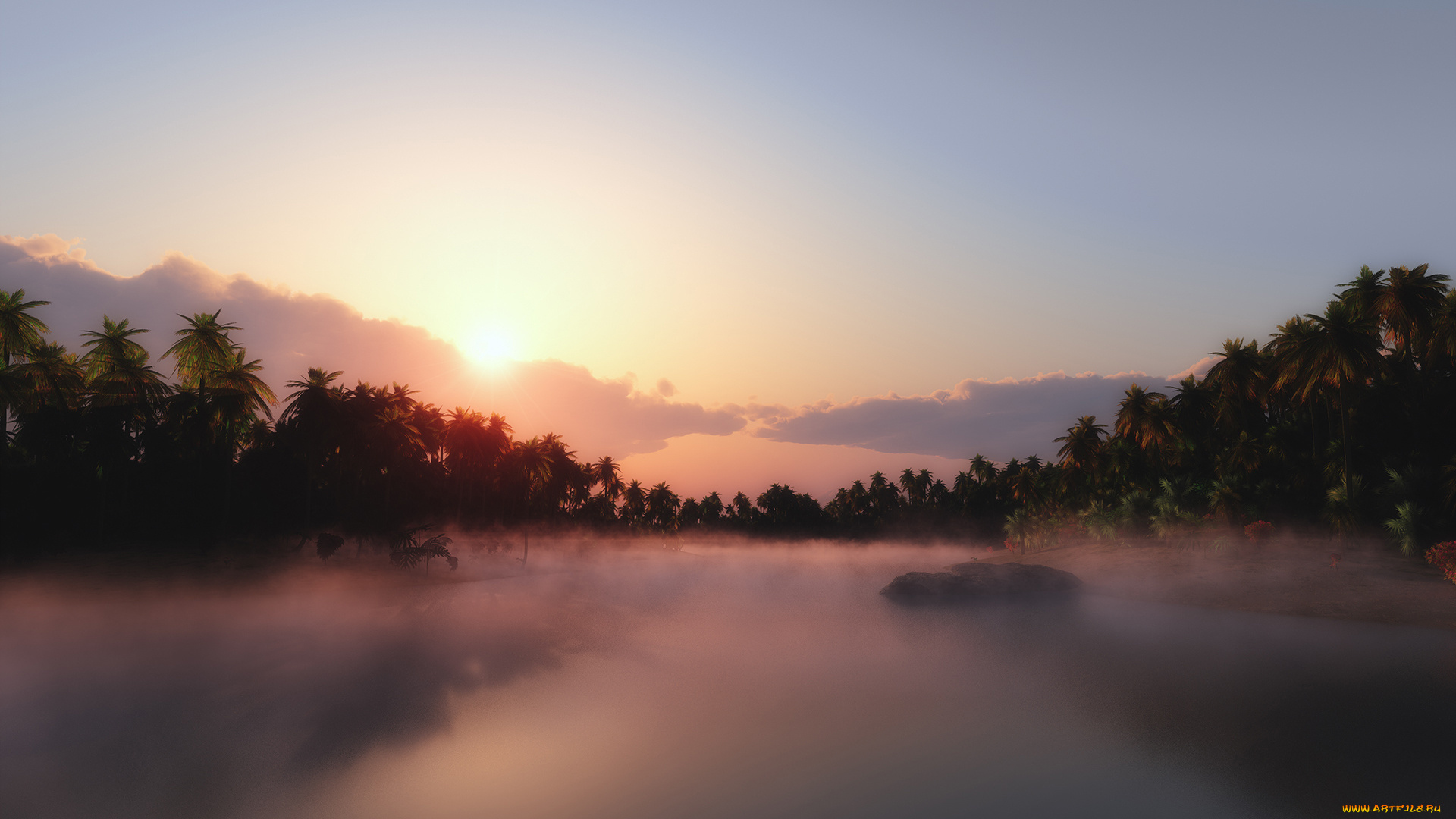 3д, графика, nature, landscape, , природа, пальмы, озеро, закат, горы