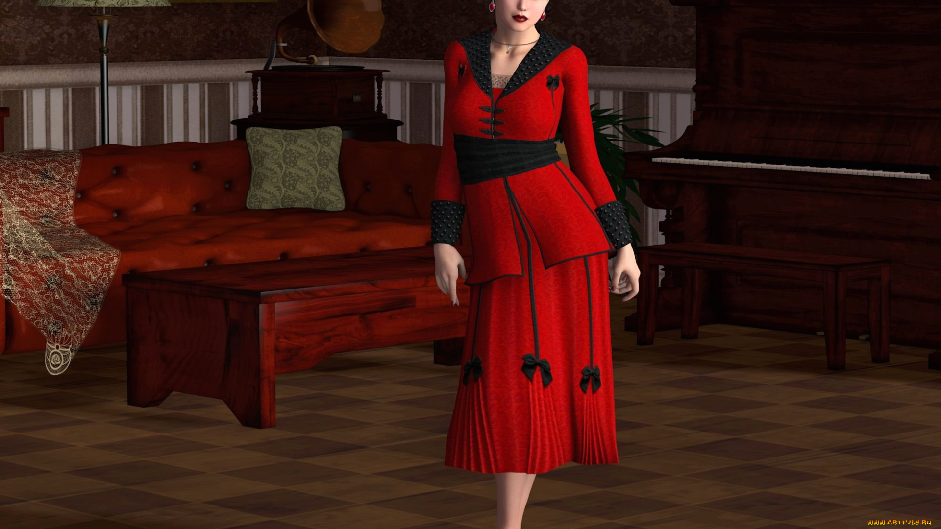 3д, графика, people, , люди, шляпа, кровать, взгляд, девушка