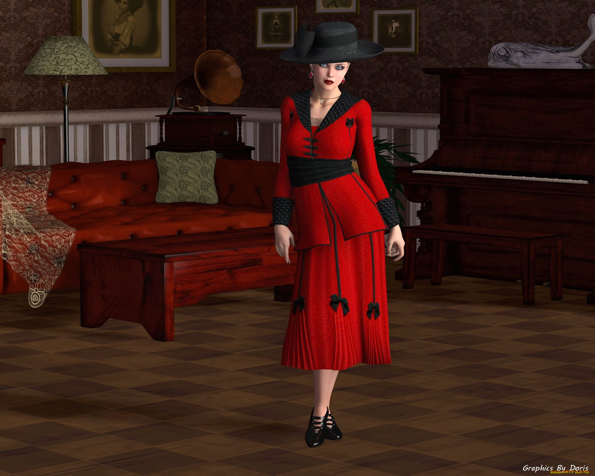 3д, графика, people, , люди, шляпа, кровать, взгляд, девушка