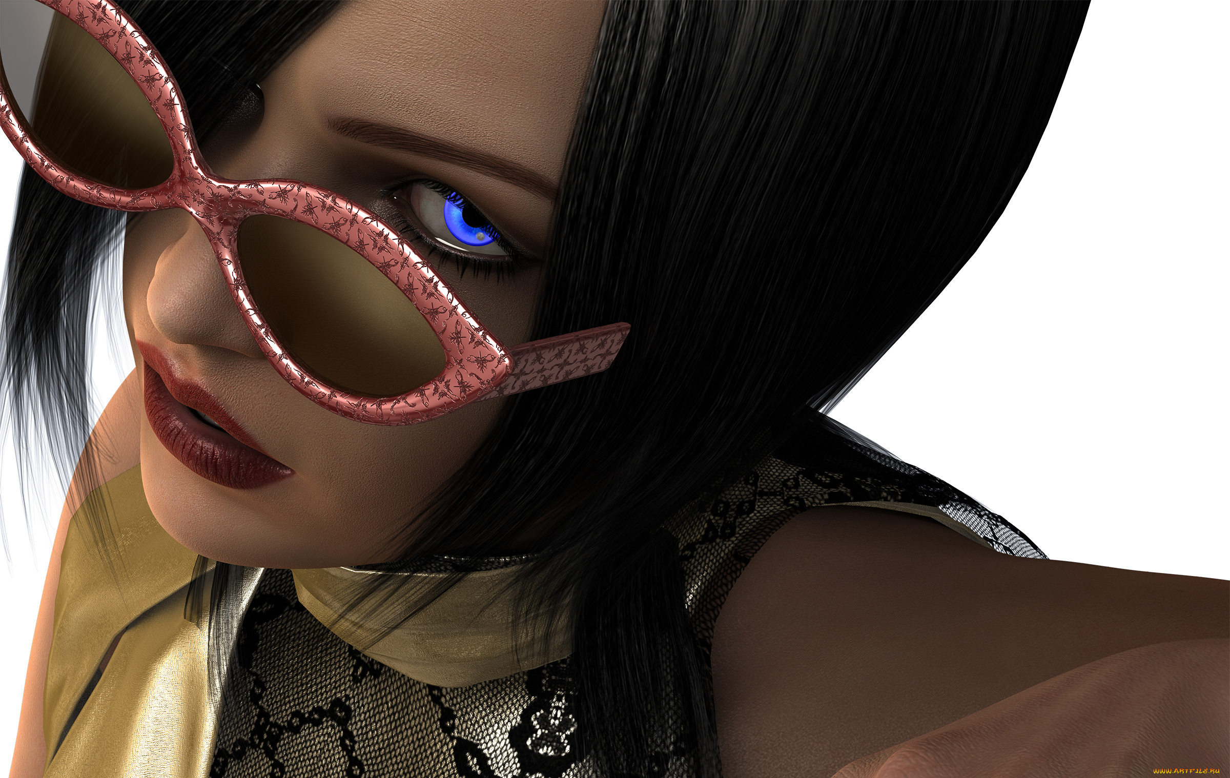 3д, графика, portraits, , портрет, синий, глаз, черные, волосы, очки, девушка