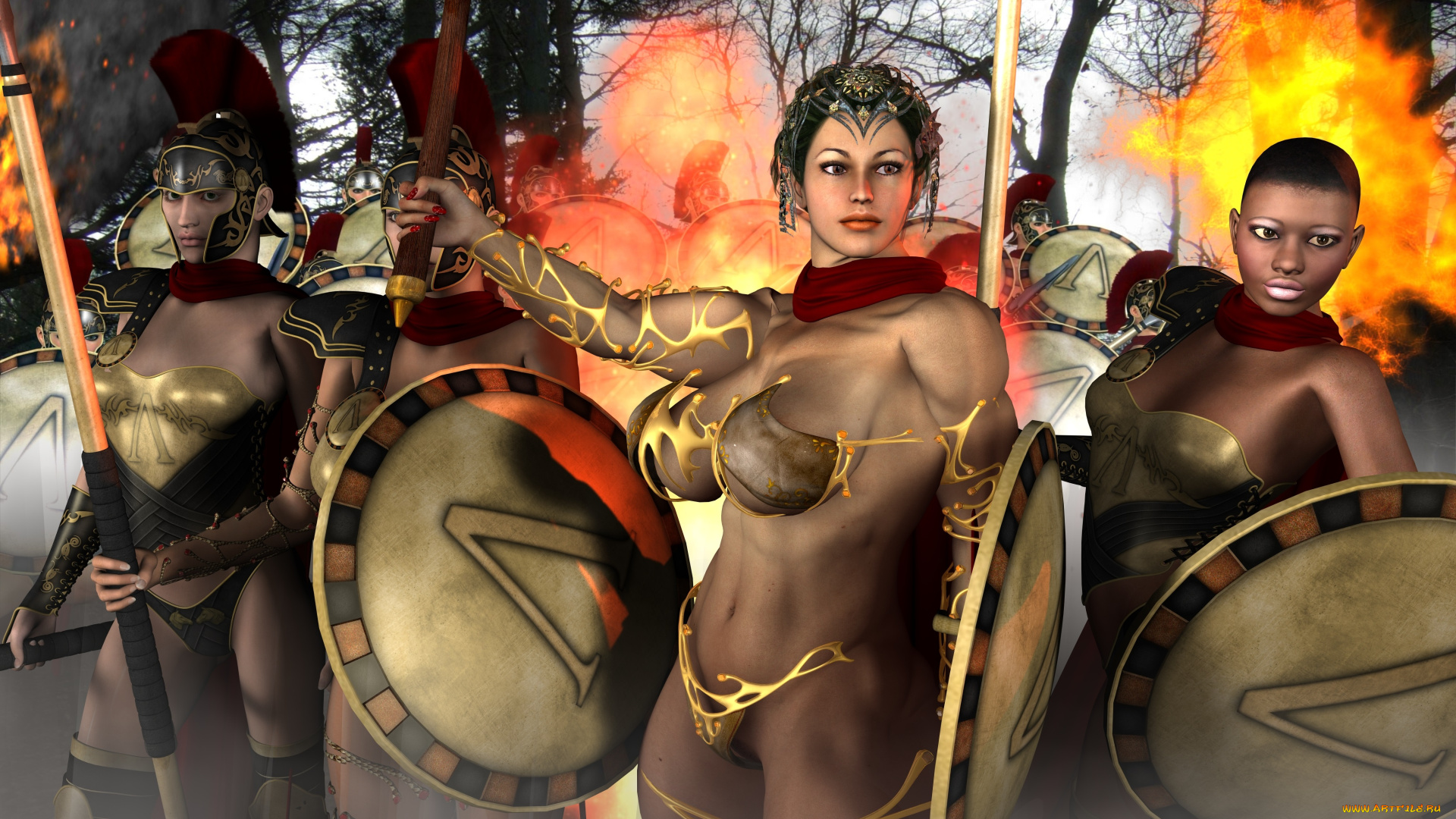 3д, графика, амазонки, , amazon, оружие, воительницы, фон, взгляд, девушки