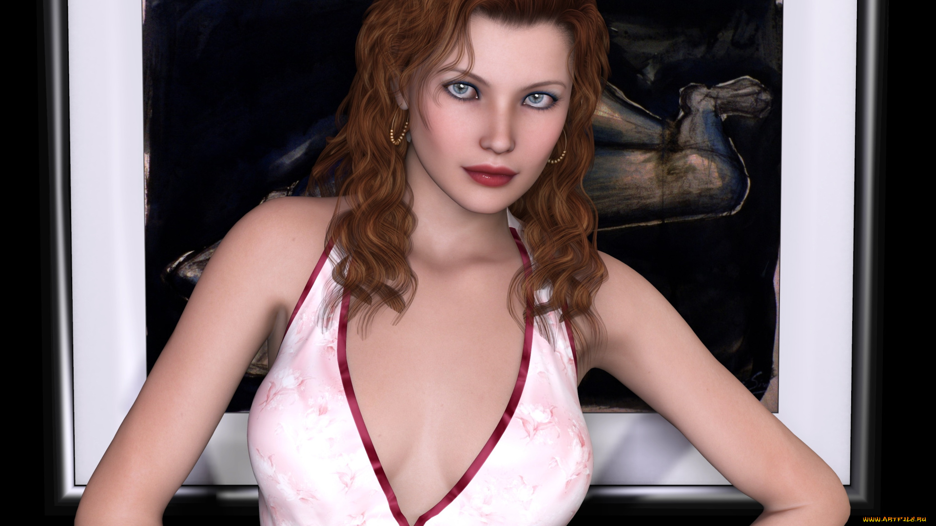 3д, графика, люди, , people, девушка, рыжая, фон, взгляд