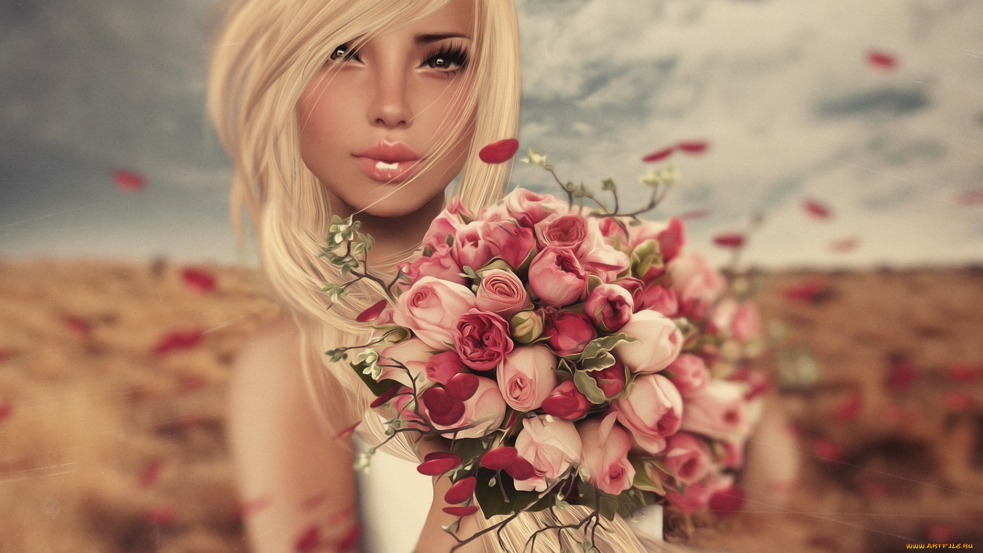 3д, графика, люди, , people, фон, цветы, девушка