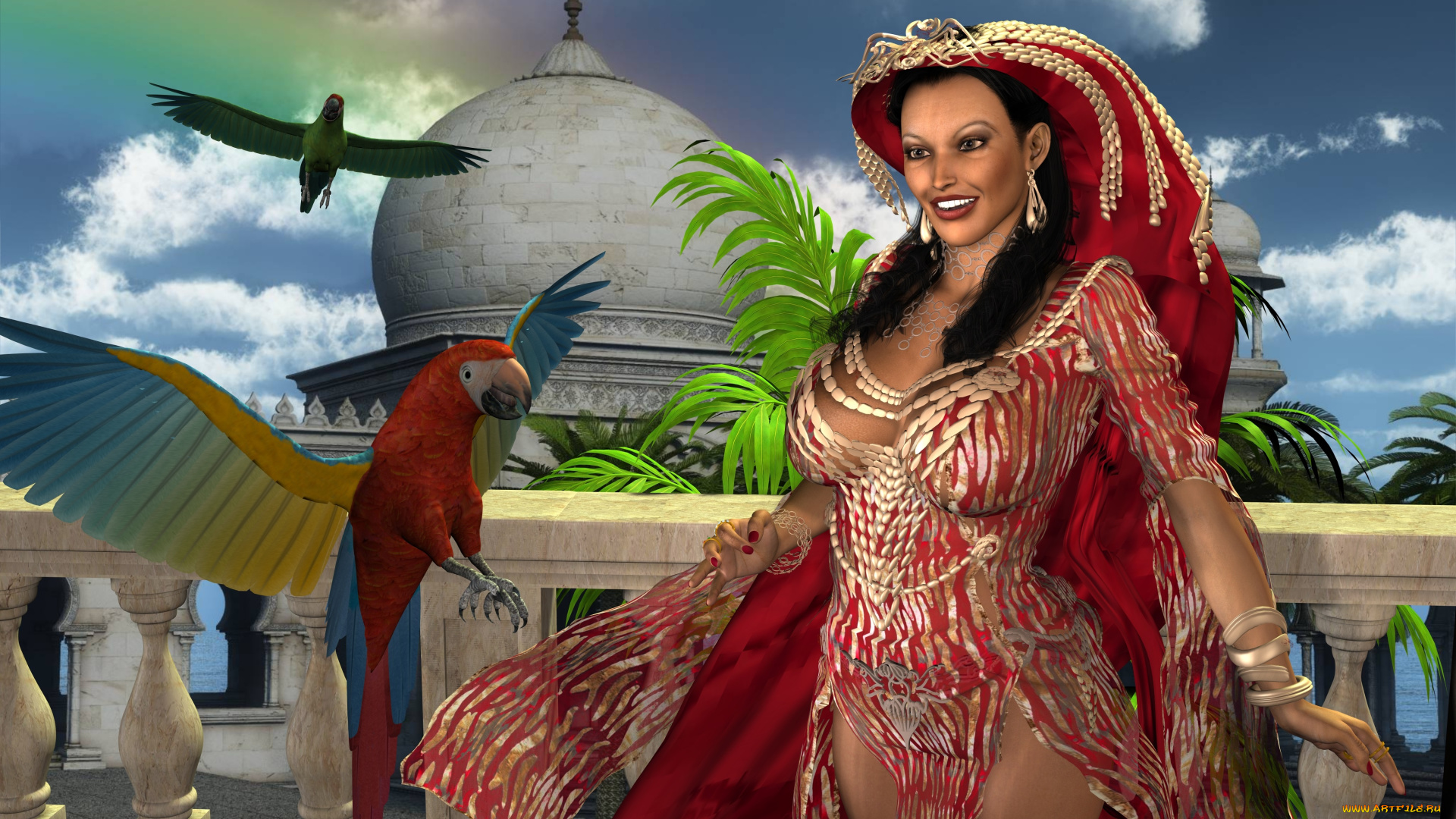 3д, графика, люди, , people, фон, взгляд, девушка, улыбка, птицы