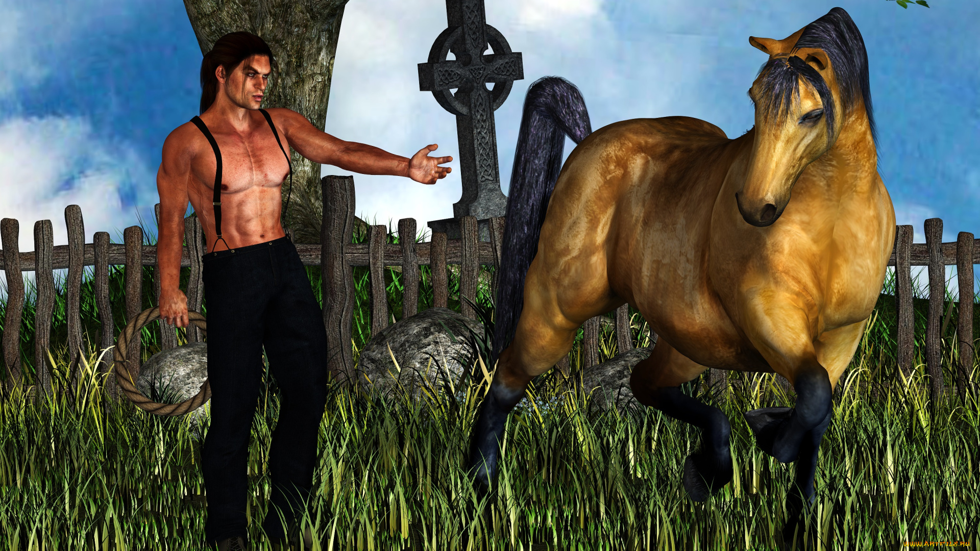 3д, графика, люди, , people, лошадь, фон, мужчина, взгляд