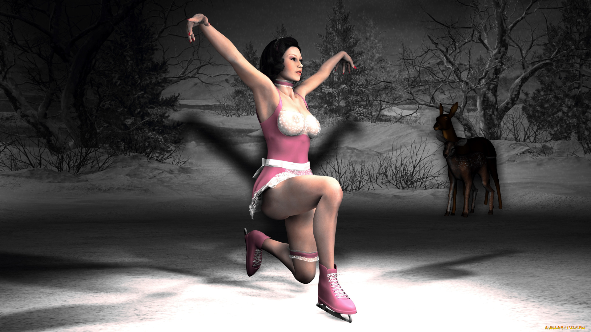 3д, графика, люди, , people, олень, коньки, снег, взгляд, девушка, лед, фон