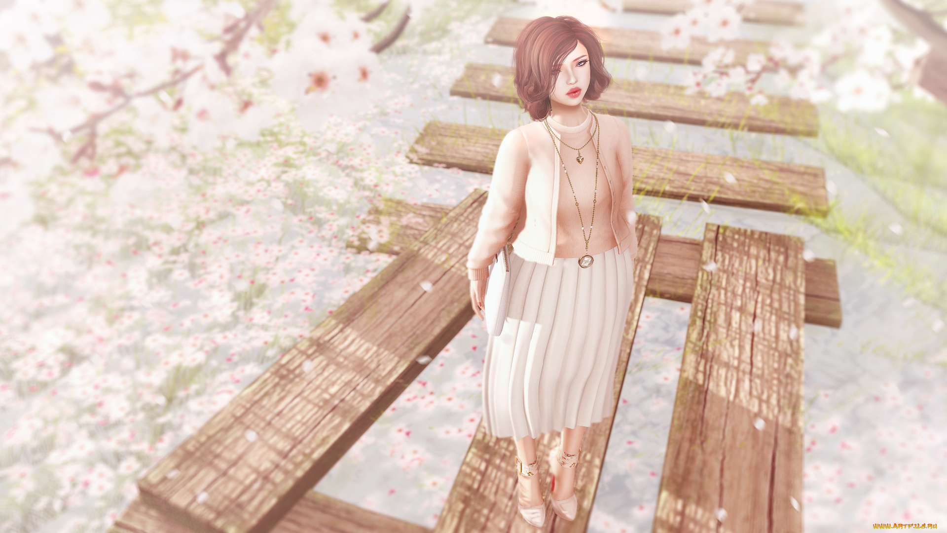 3д, графика, люди, , people, весна, сакура, девушка