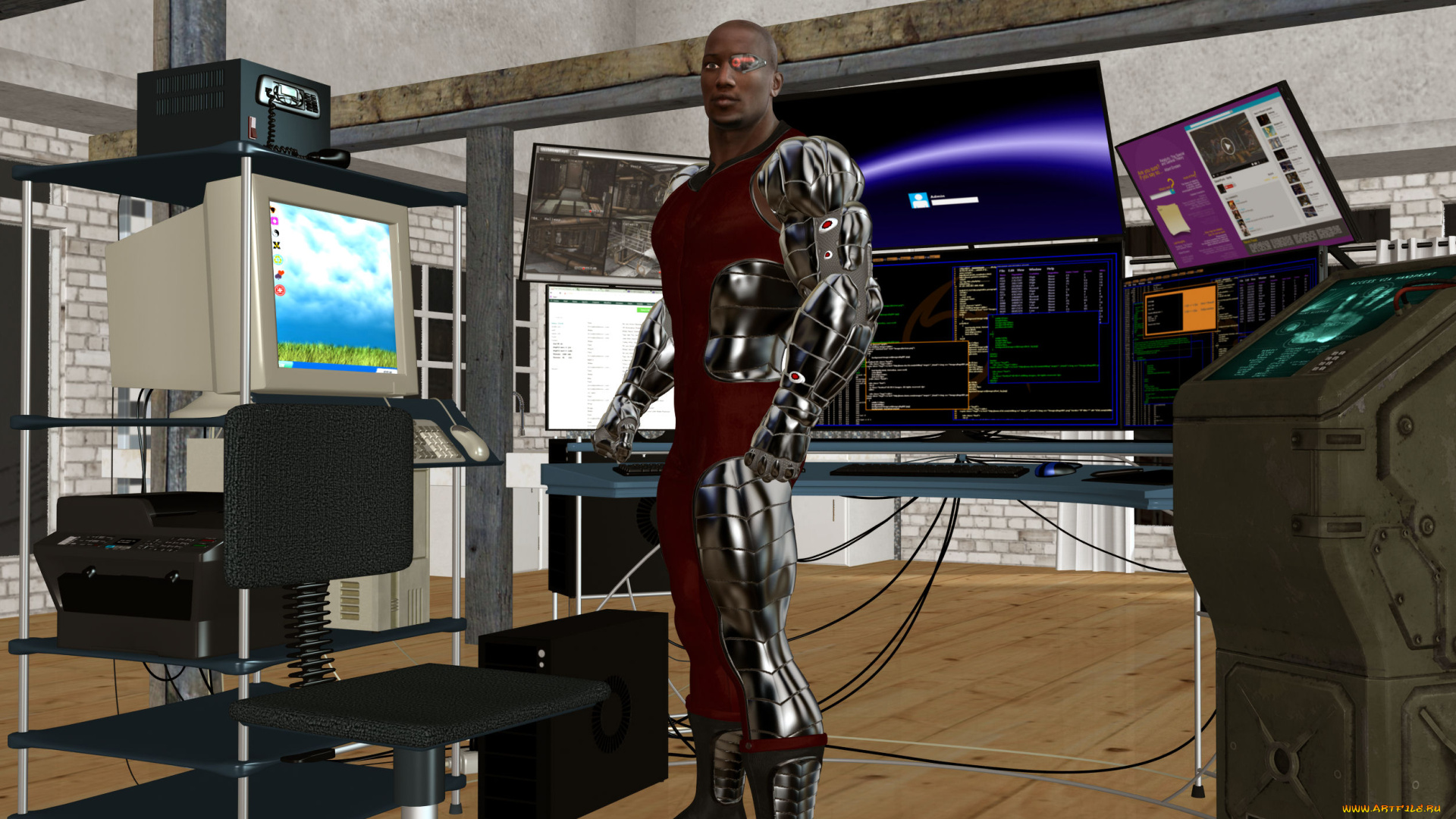 3д, графика, _science, fiction, фон, киборг, взгляд, мужчина