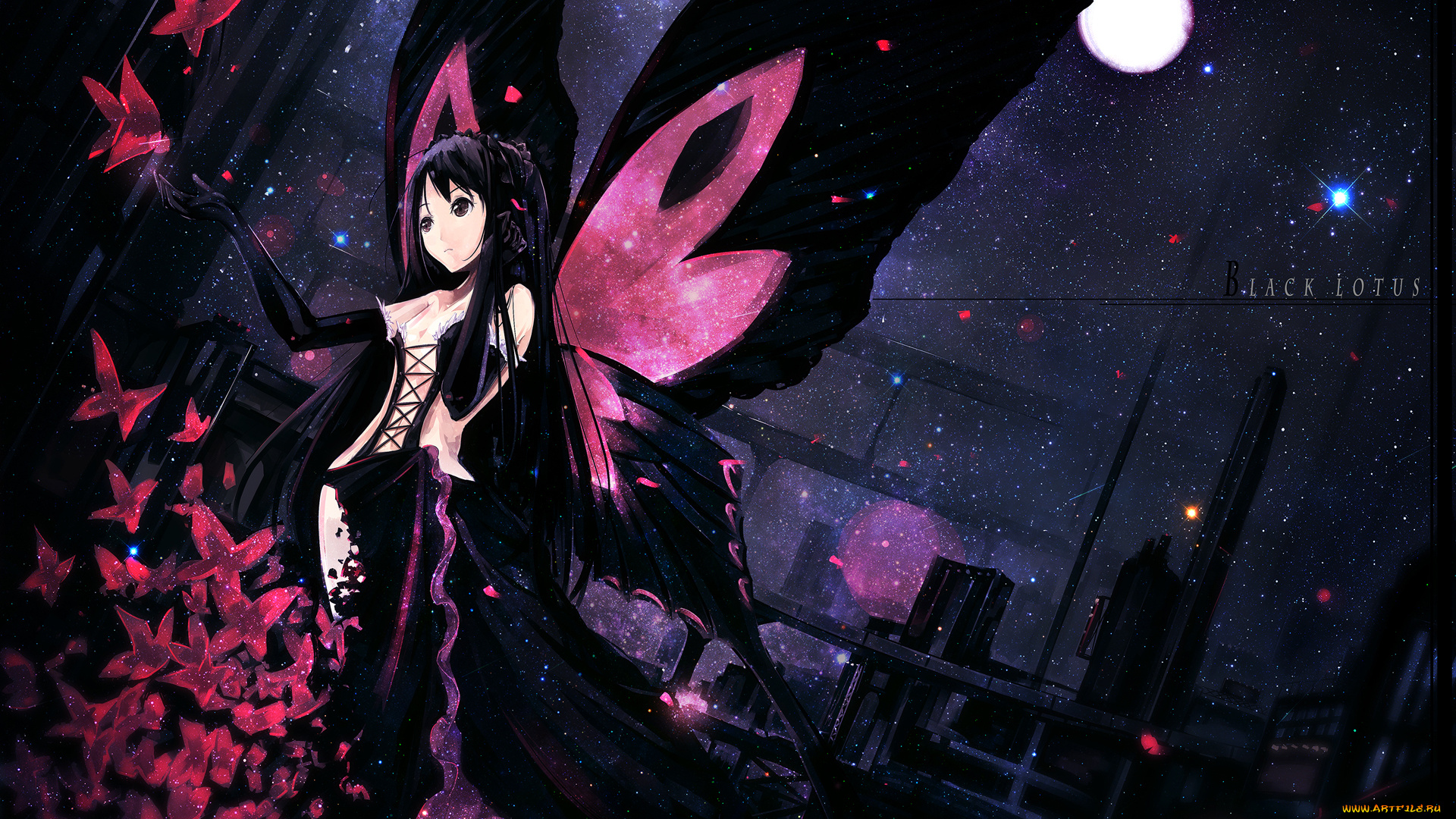 аниме, accel, world, город, крылья, бабочки, луна, полнолуние, перчатки, мерцание, ночь, девушка, oyeung, kuro, yuki, hime, платье, огни, звезды, здания