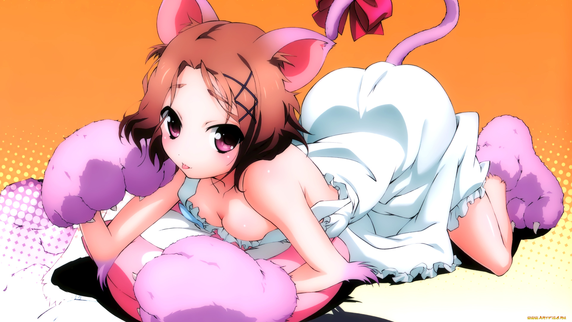 аниме, accel, world, ушки, девушка, kurashima, chiyuri, когти, бант, лапы, хвост, мех, кровать, пижама