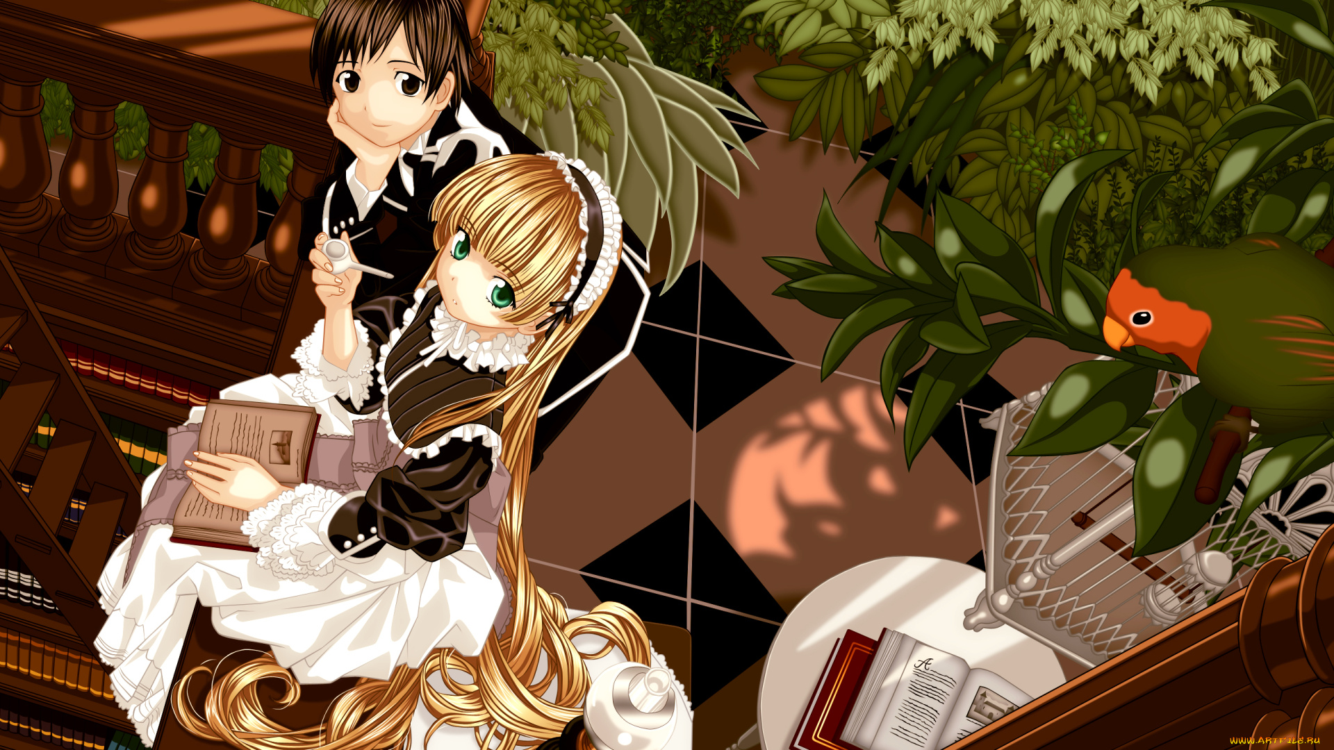 аниме, gosick, девушка, клетка, мужчина, лестница, клетчатый, пол, растения, лампа, платье, kujou, kazuya, стол, трубка, цветы, книга, попугай, чепец, библиотека, victorica, de, blois, cilou