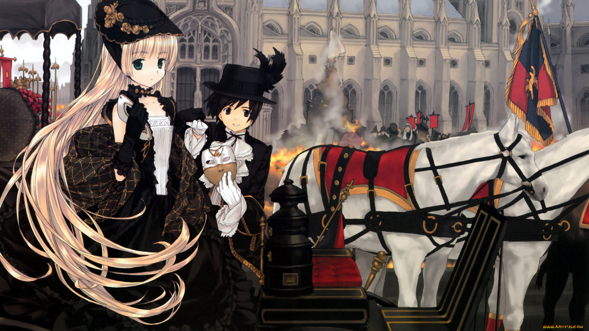 аниме, gosick, пожар, огонь, платье, мужчина, девушка, небо, люди, улицы, здания, город, kujou, kazuya, victorica, de, blois, takeda, hinata, шляпа, перья, венецианская, маска, попона, флаг, животные, лошади, карета