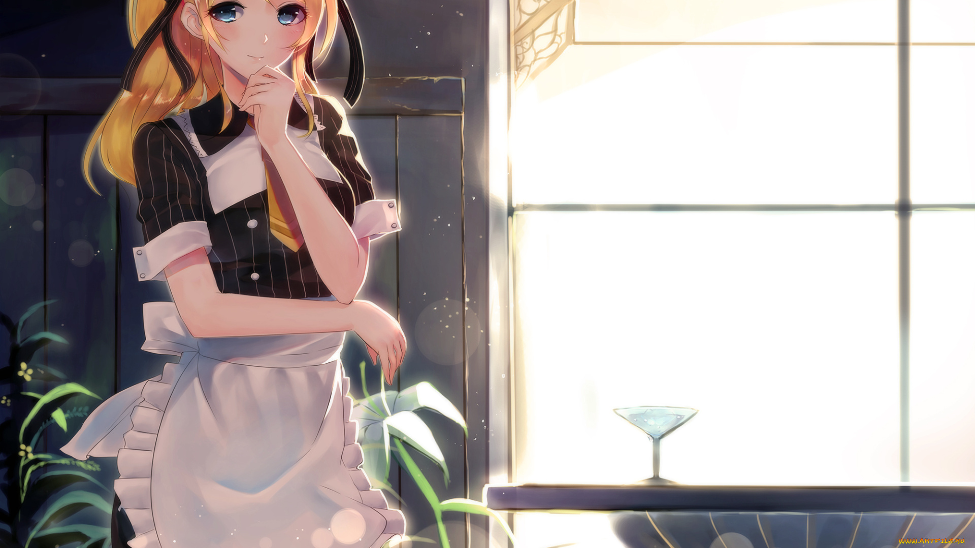 аниме, love, live, , school, idol, project, ayase, eli, ленты, чулки, фартук, форма, цветы, растения, бокал, junp, окно, свет, стол, комната, горничная, девушка