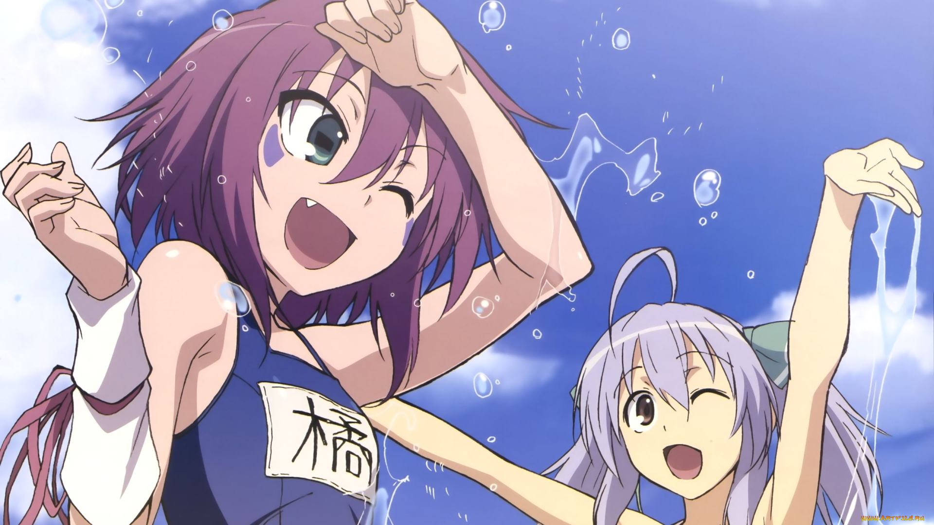 аниме, yumekui, merry, капли, ленты, вода, купальник, бант, облака, небо, девушки, tachibana, isana, merry, nightmare