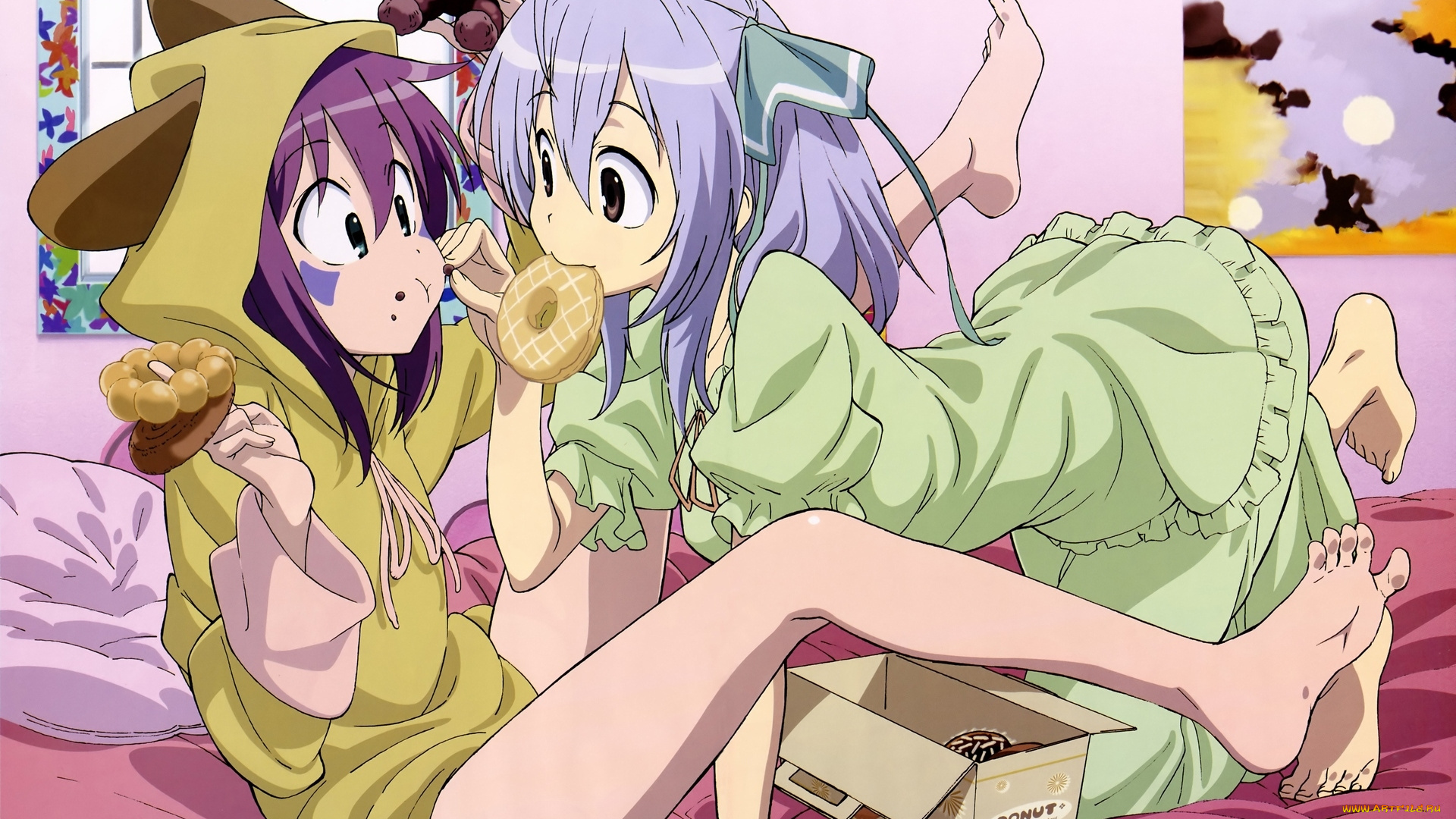 аниме, yumekui, merry, merry, nightmare, megami, magazine, tachibana, isana, пижама, плакат, окно, подушка, бант, татуировка, кровать, пончики, еда, девушки, комната