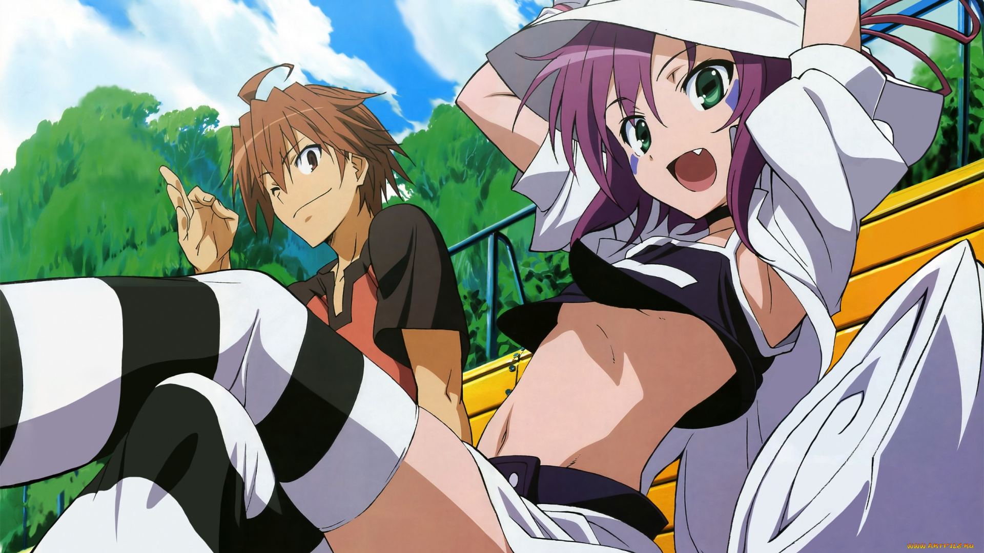 аниме, yumekui, merry, шляпа, татуировка, ленты, fujiwara, yumeji, мужчина, девушка, merry, nightmare, деревья, облака, небо, парк, скамейка