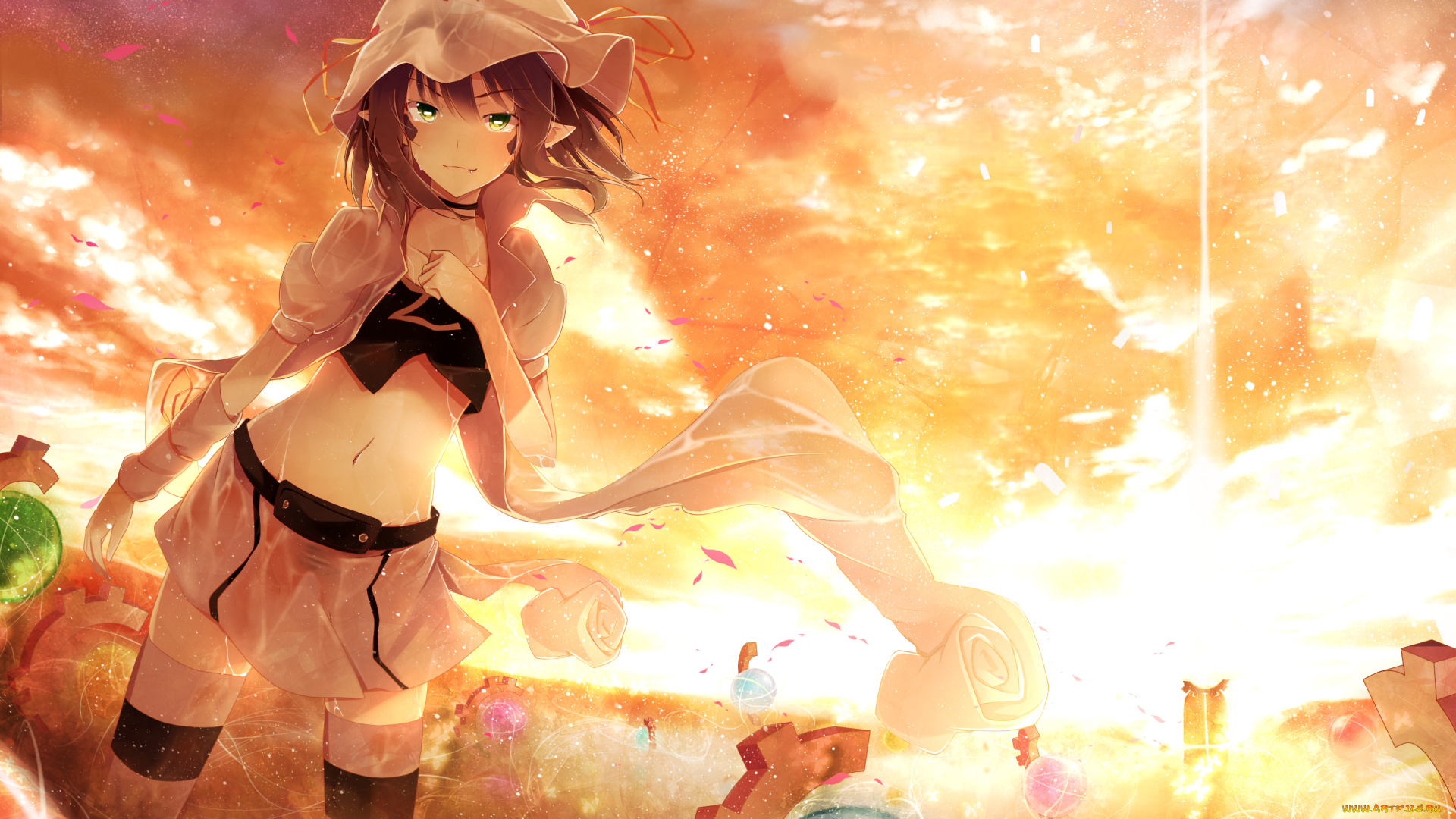 аниме, yumekui, merry, солнце, ленты, татуировка, шестеренки, закат, шляпа, девушка, dennryuurai, merry, nightmare