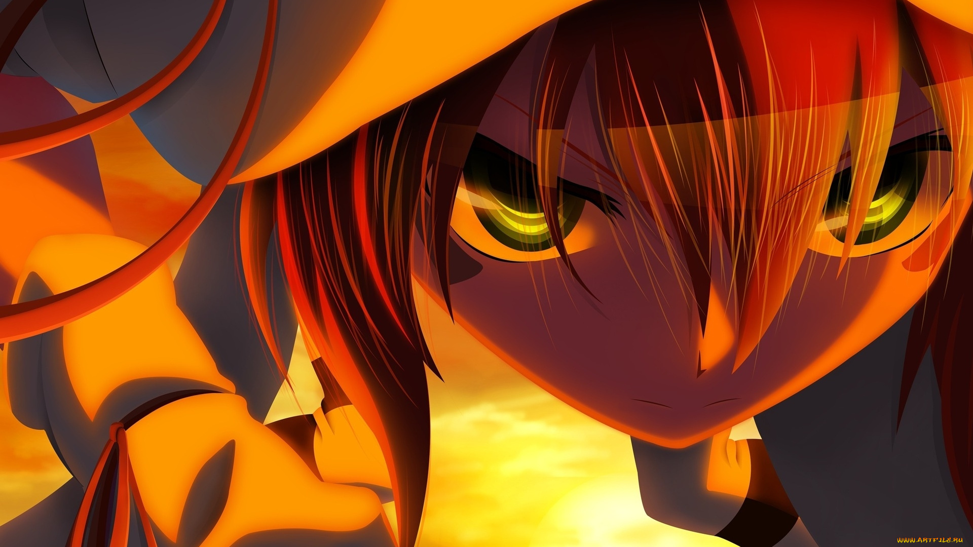 аниме, yumekui, merry, солнце, свет, закат, merry, nightmare, девушка, шляпа, татуировка, ленты