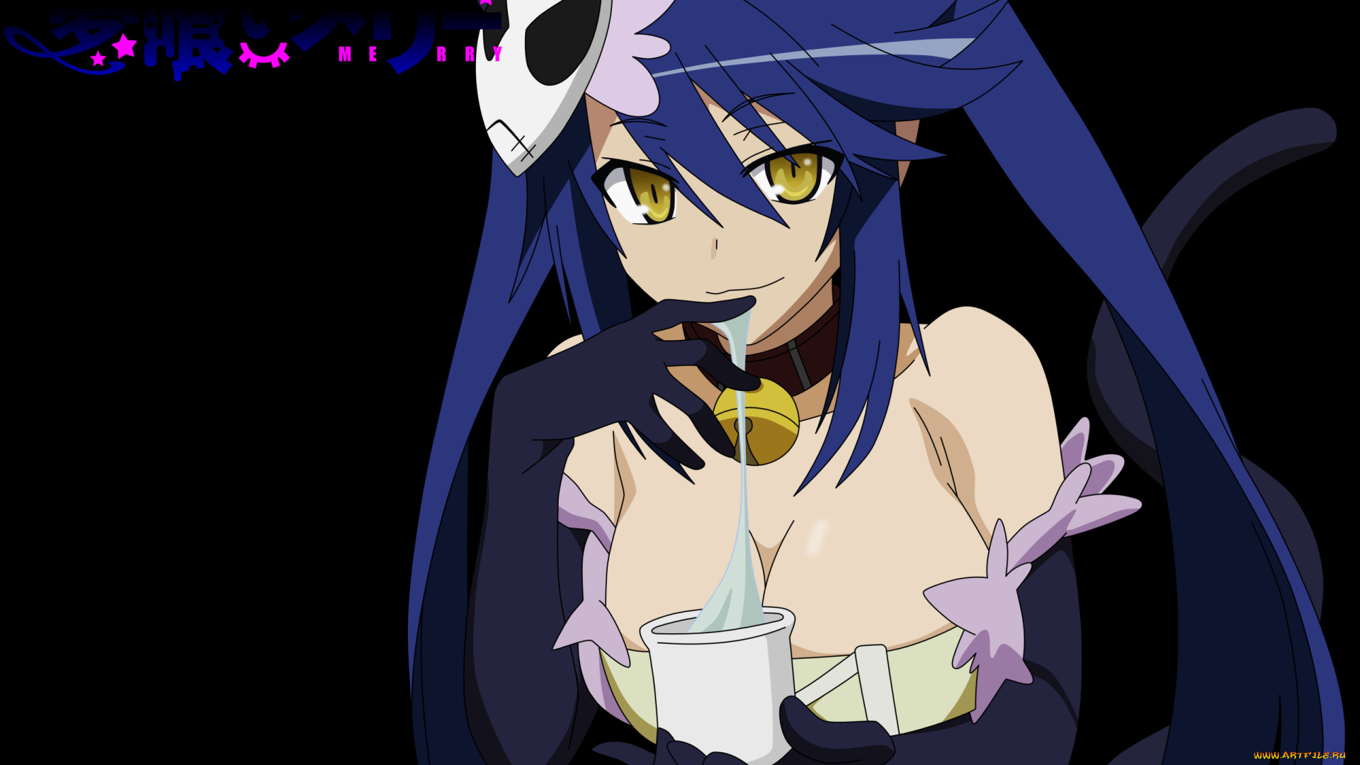 аниме, yumekui, merry, стакан, молоко, девушка, колокольчик, перчатки, хвост, ошейник, маска, albireo