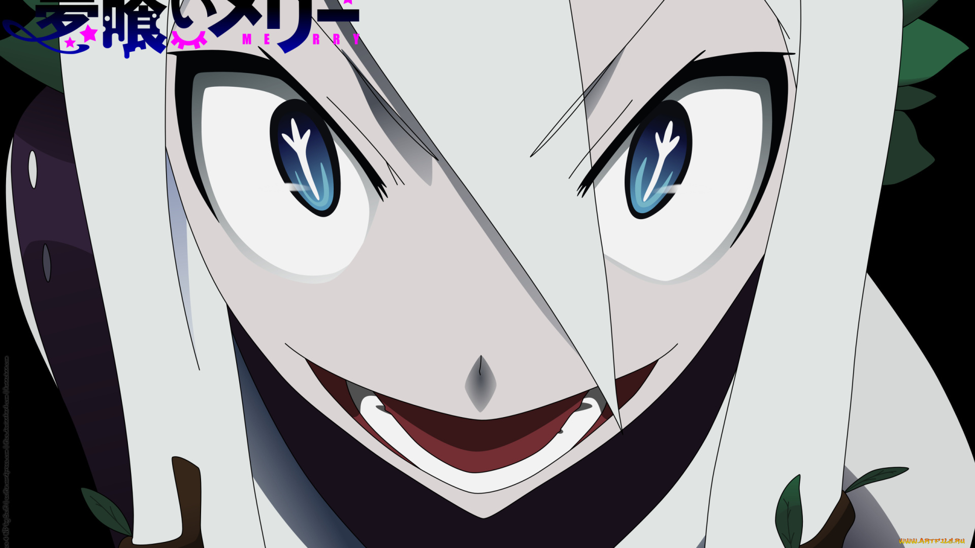 аниме, yumekui, merry, ухмылка, растения, листья, девушка, mistelteinn