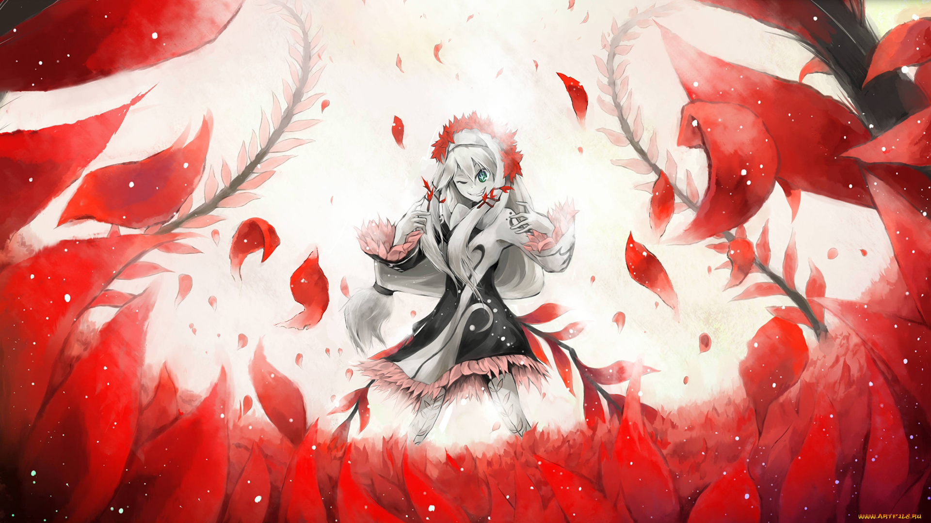 аниме, yumekui, merry, ухмылка, растения, mistelteinn, девушка, платье, листья